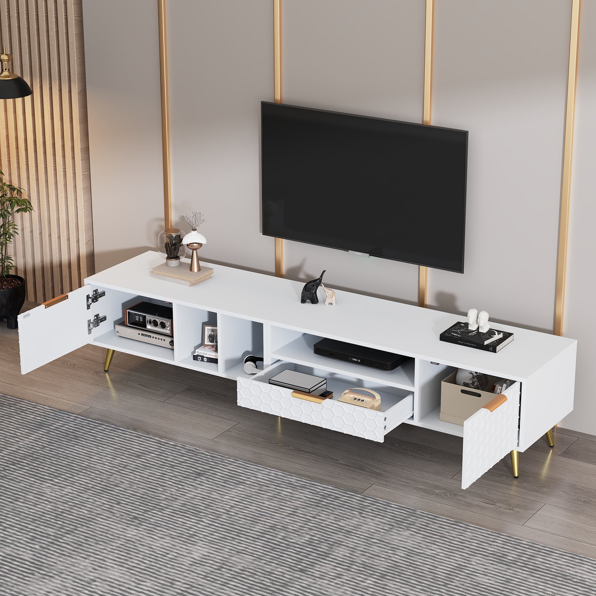 Logidon White TV Stand with Honeycomb Pattern and Storage Space for up to 80 Inches