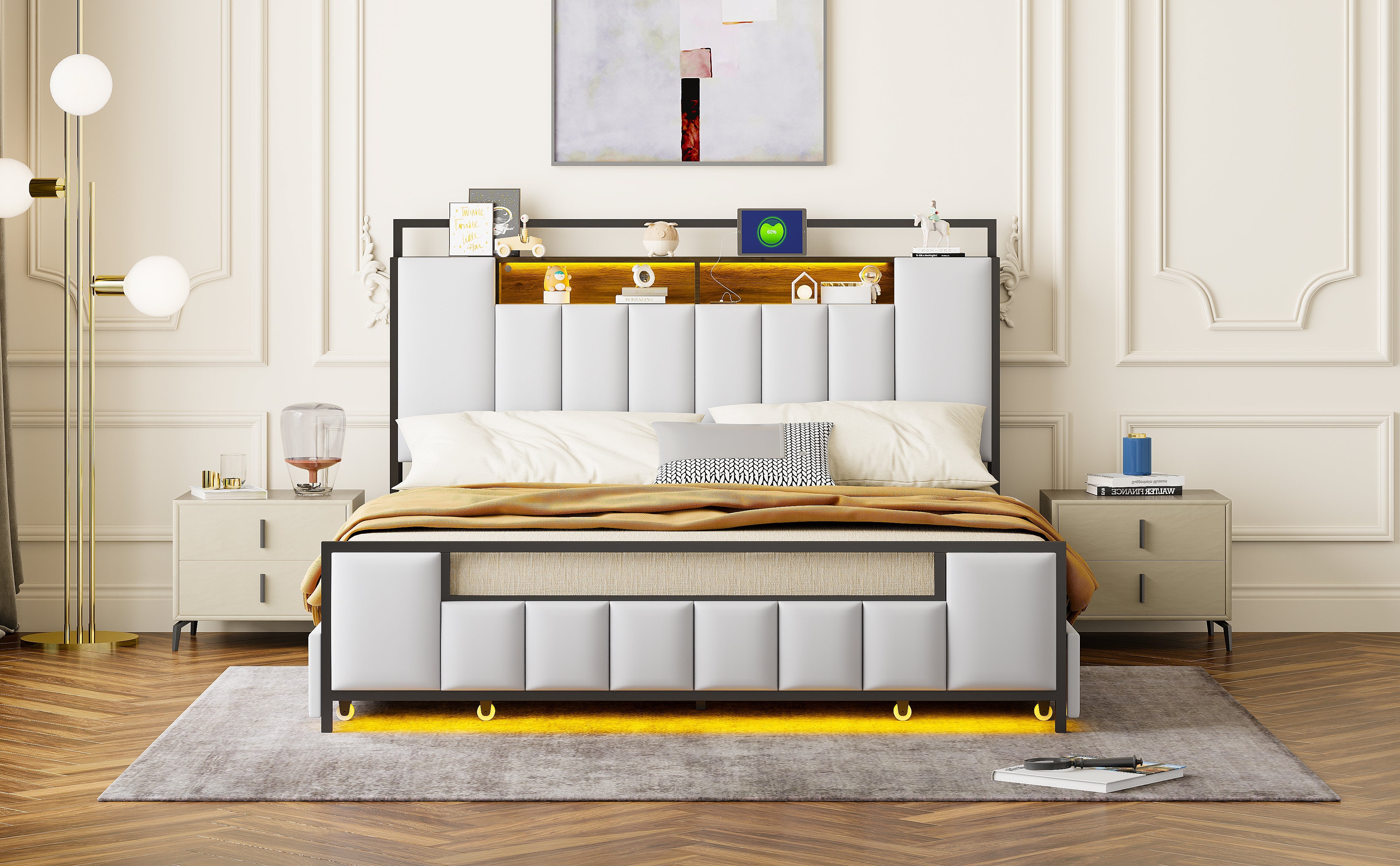 Logidon gestoffeerd bed 160x200 cm beige kunstleer met LED en USB