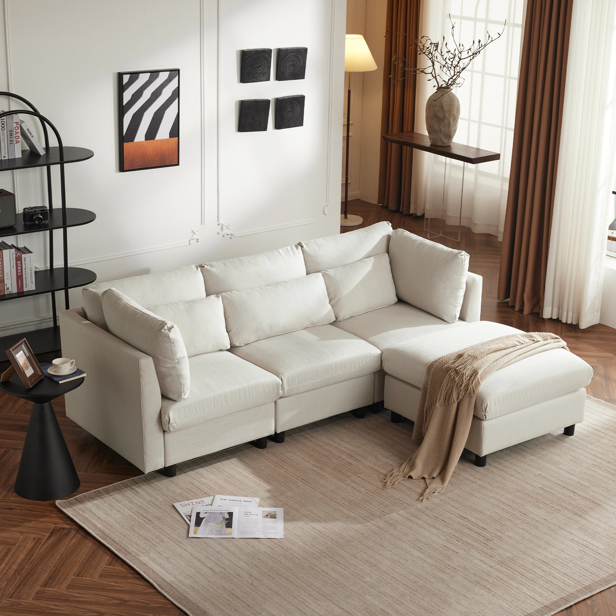 Logidon hoekbank beige stof moderne driezitsbank met voetenbank