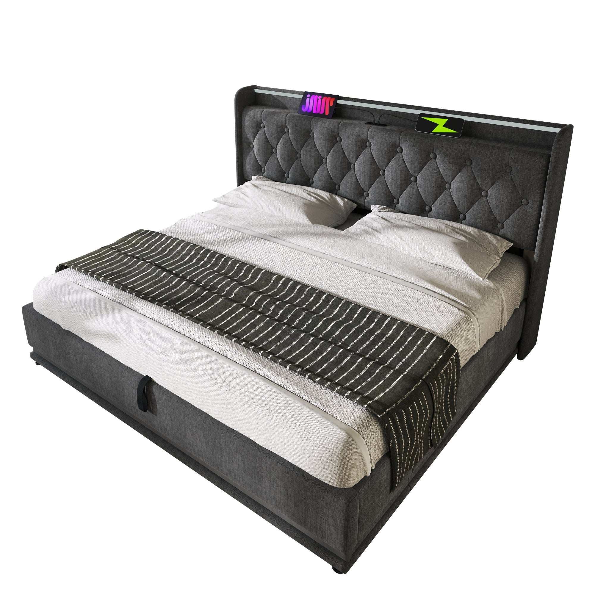 Logidon gestoffeerd bed tweepersoonsbed 180x200 cm grijs linnen LED-verlichting USB C