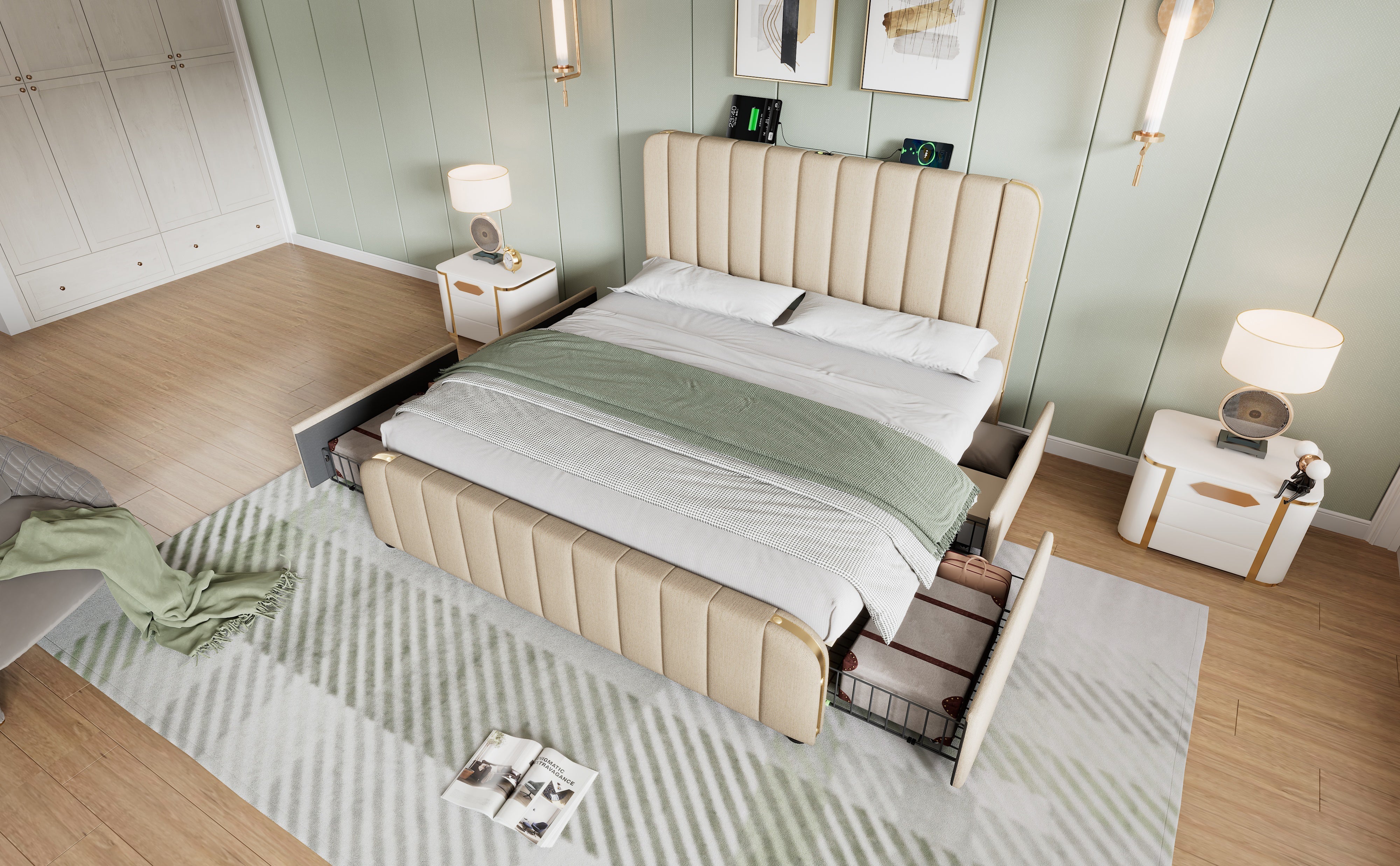 Logidon upholstered bed beige linen with USB Type C charging function 180x200 cm