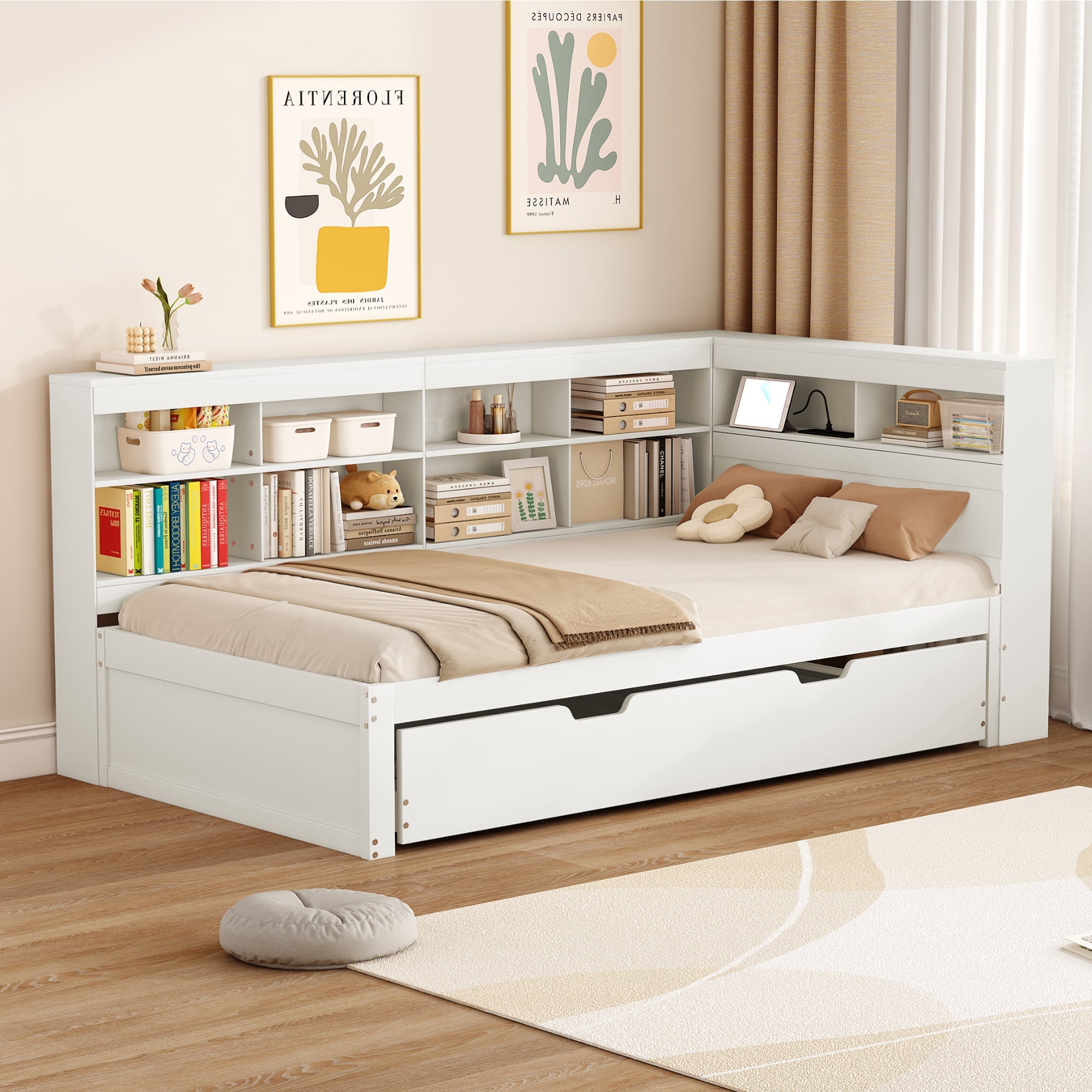 Logidon slaapbank 90x200 uitschuifbaar bed 90x190 USB wit