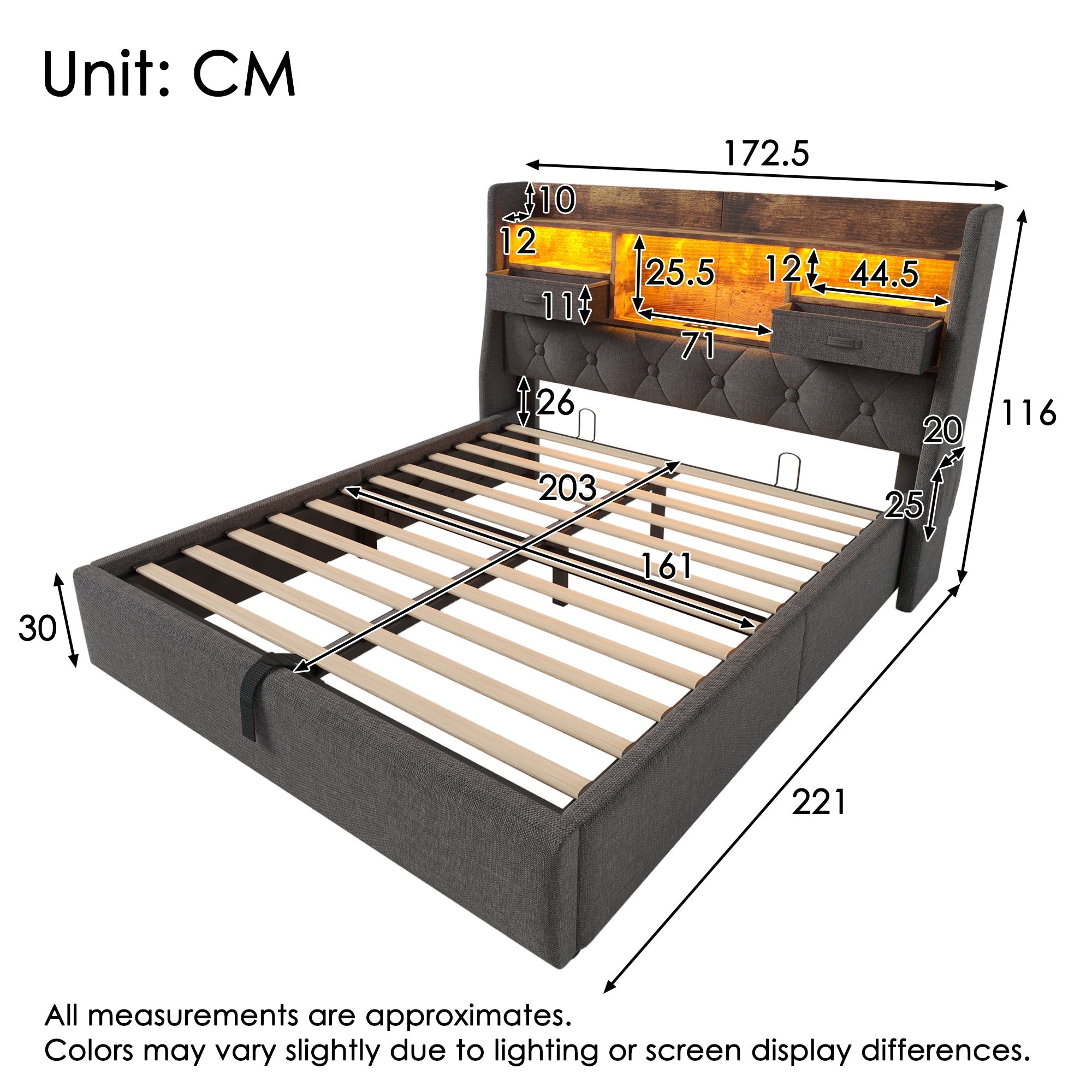 Logidon gestoffeerd bed 160x200 cm met opbergruimte, LED-hoofdbord, USB-C