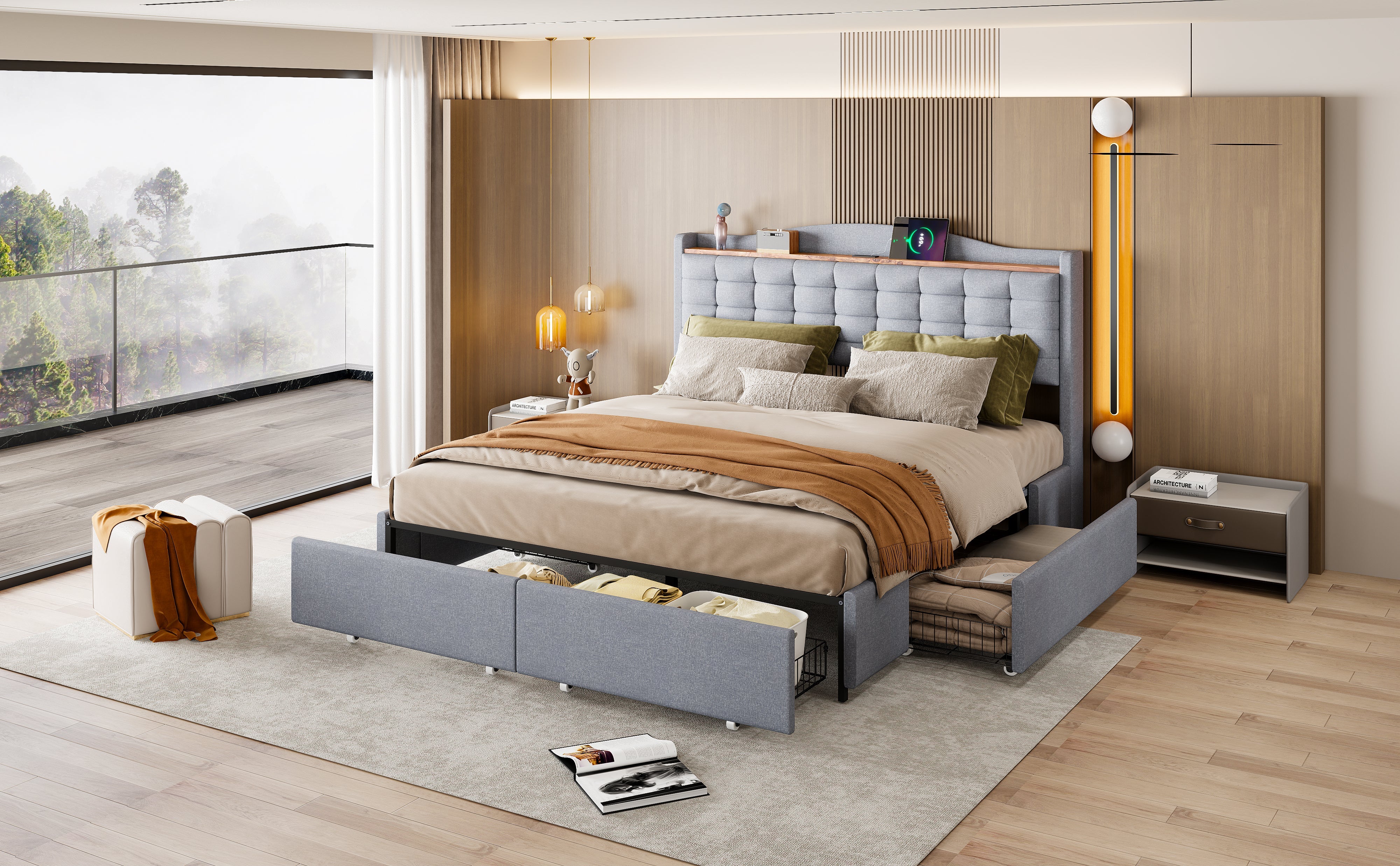 Logidon gestoffeerd bed 160x200 grijs USB-oplaadpoort
