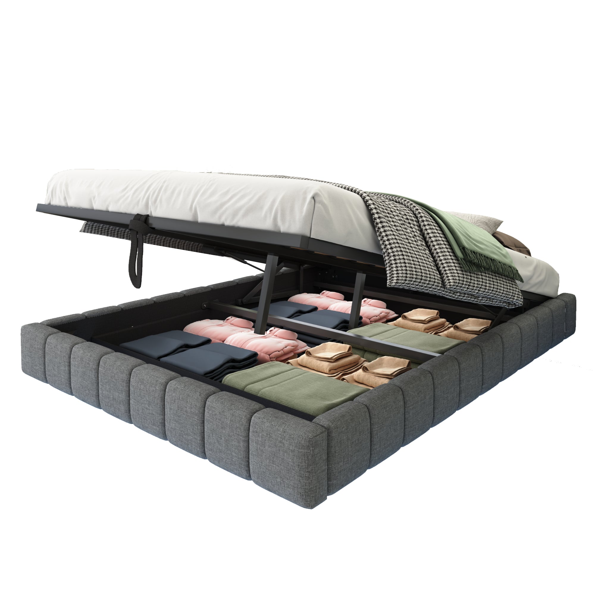Logidon gestoffeerd bed 140x200 cm met opbergruimte LED licht linnengrijs