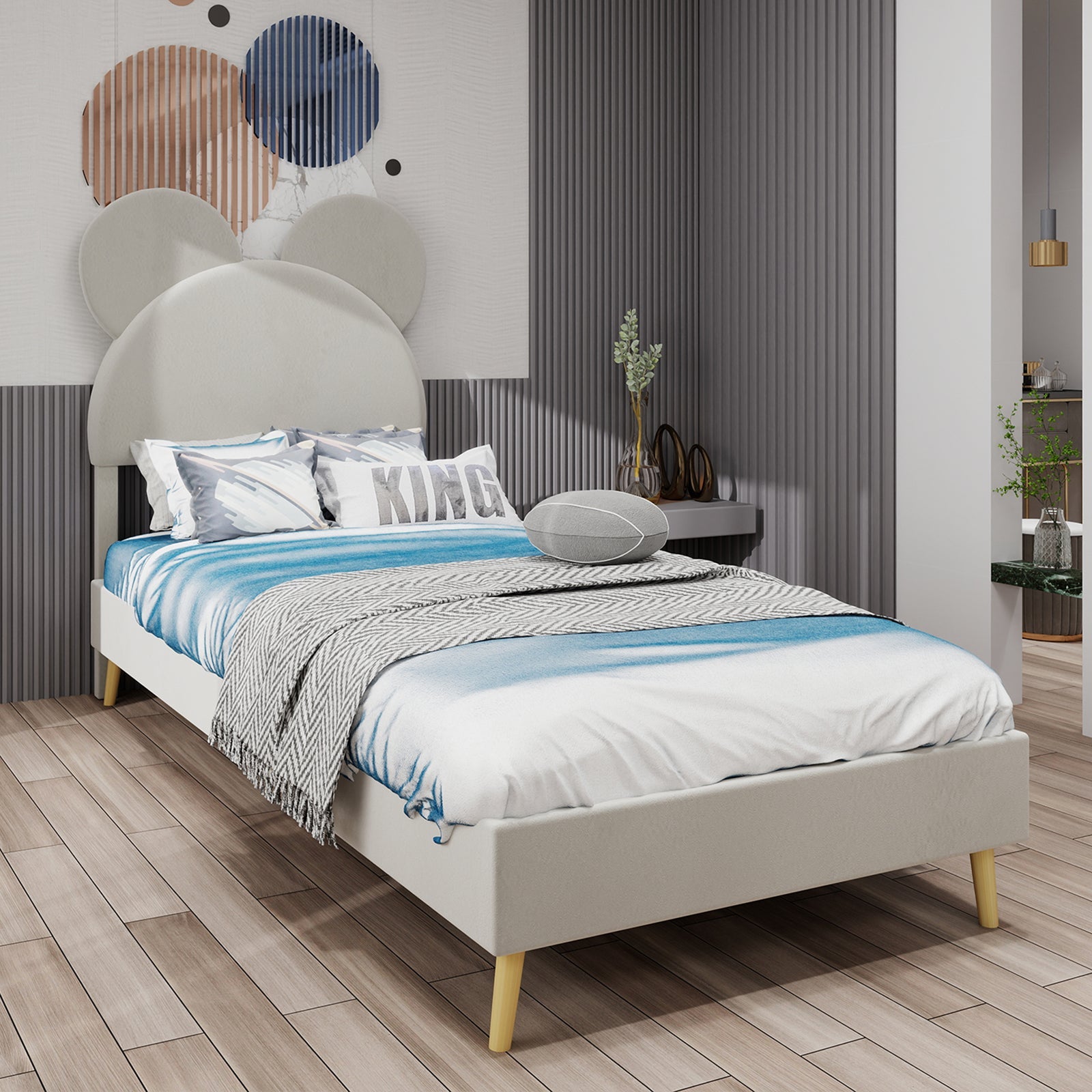 Logidon gestoffeerd bed 140x200 beige cartoon hoofdeinde inclusief lattenbodem