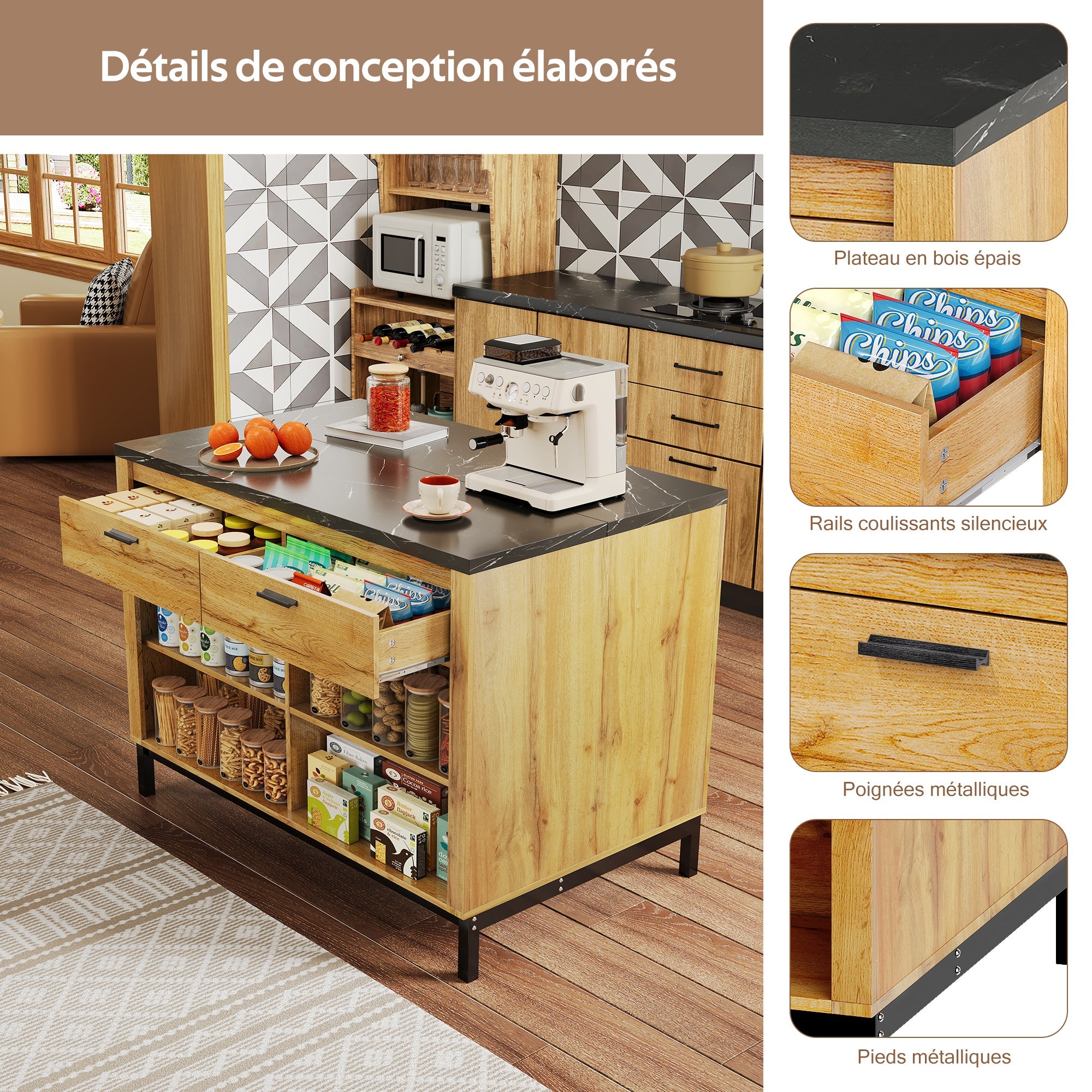 Logidon kitchen island country house style 120x75x90 cm with 2 drawers and 4 shelves