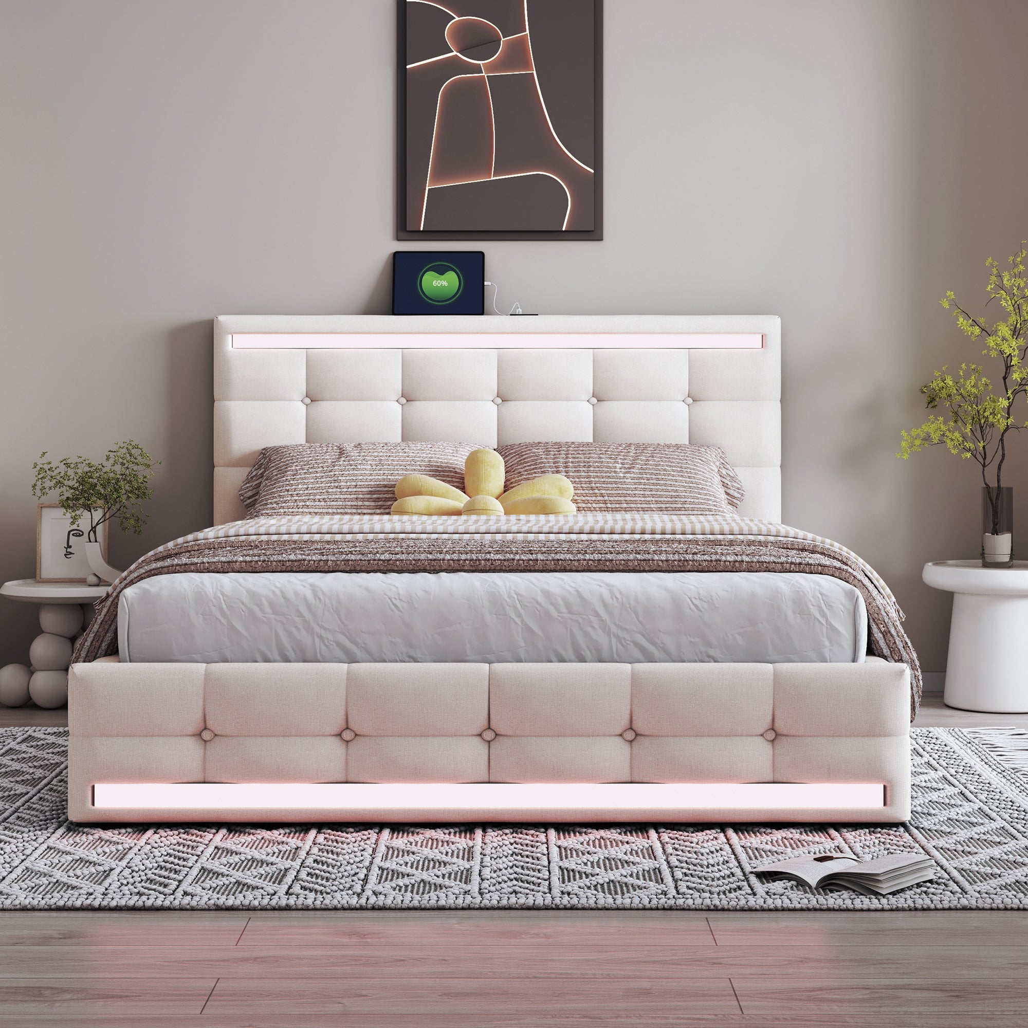 Logidon gestoffeerd bed 140x200 beige met LED verlichting en opbergruimte