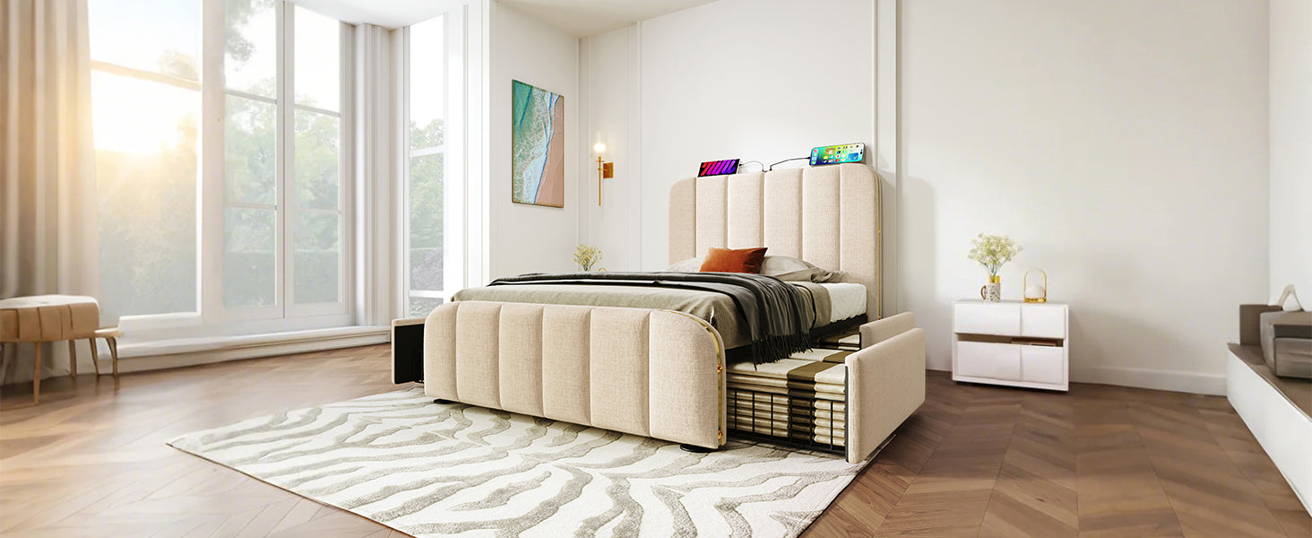 Logidon gestoffeerd bed 90x200 beige USB Type C oplaadfunctie 4 lades