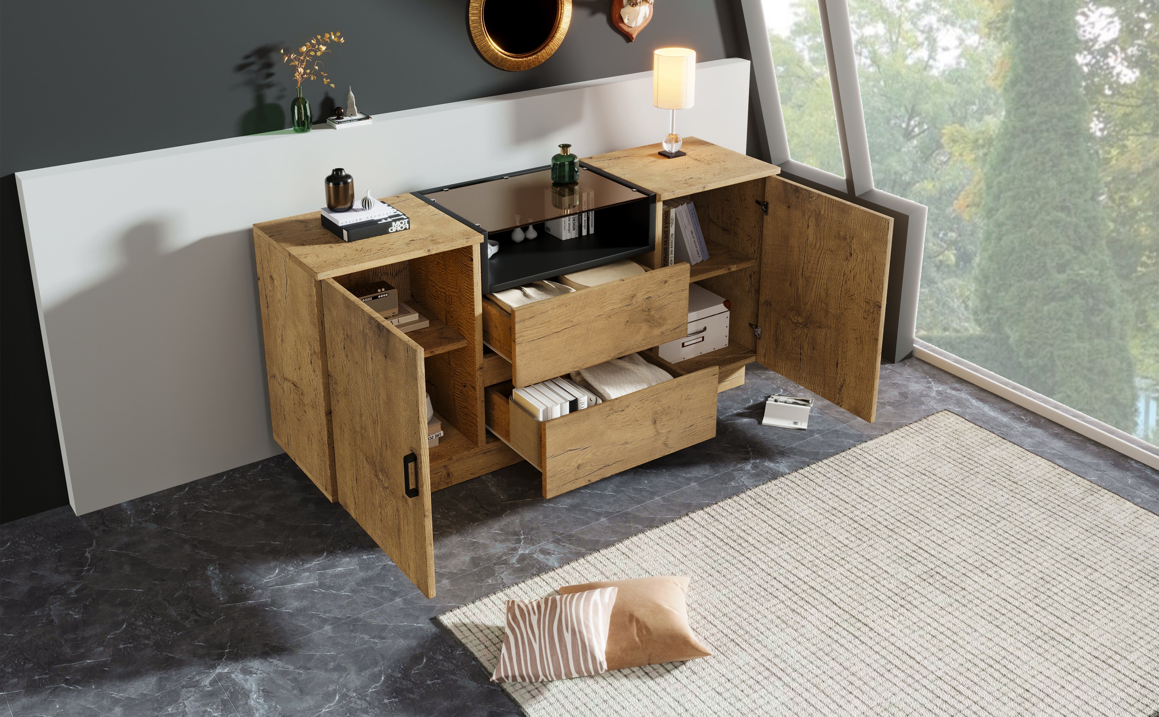 Logidon oak look chest of drawers sideboard 2 drawers 2 cupboards H70