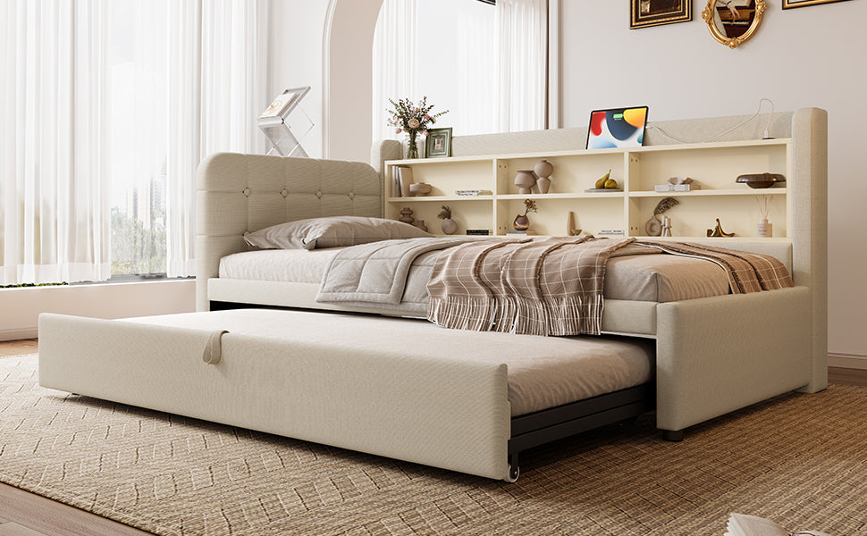 Logidon Daybed 90x200 beige linnen uitschuifbare slaapbank USB Type C