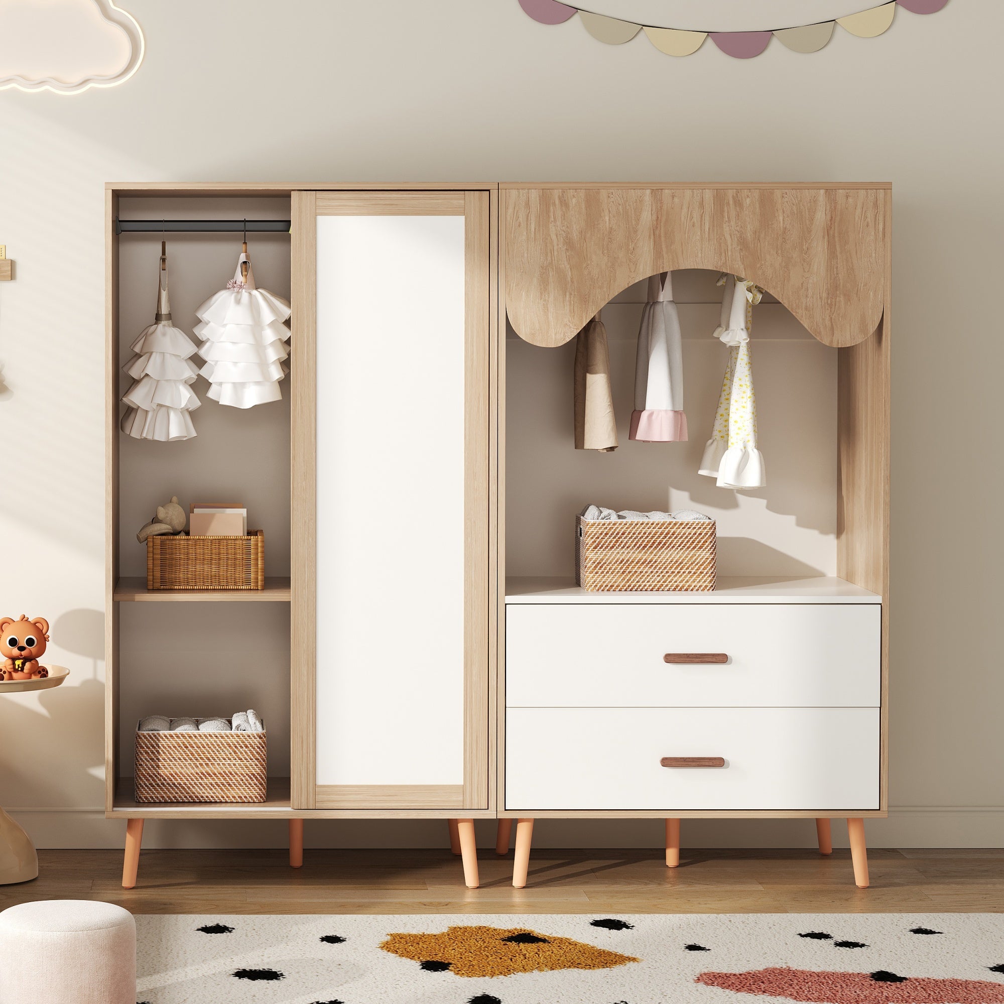 Logidon Children's Wardrobe Sliding Door Open Wardrobe White Natural Wood 141.5 cm