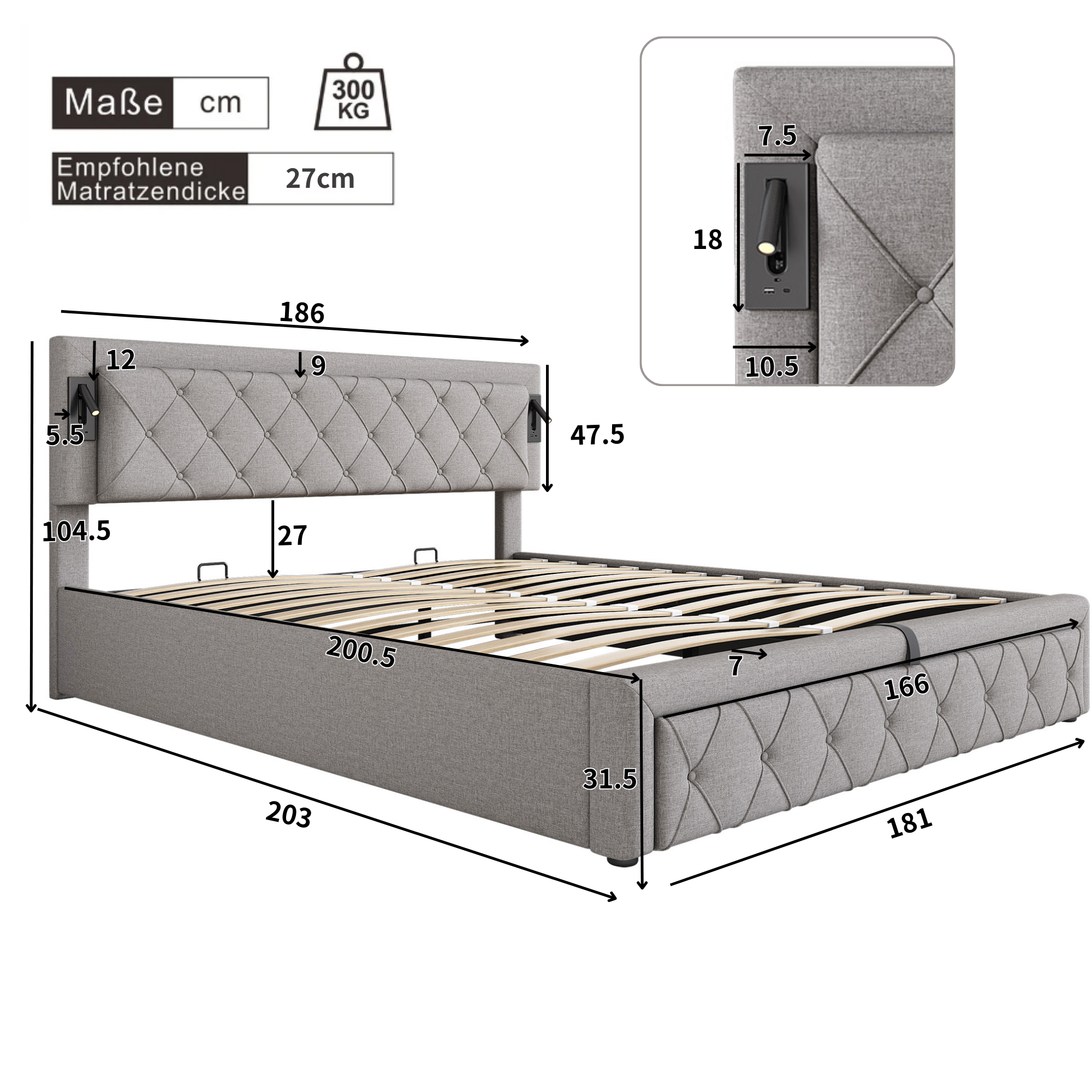 Logidon gestoffeerd bed 180x200 grijs linnen met inbouwspot en USB