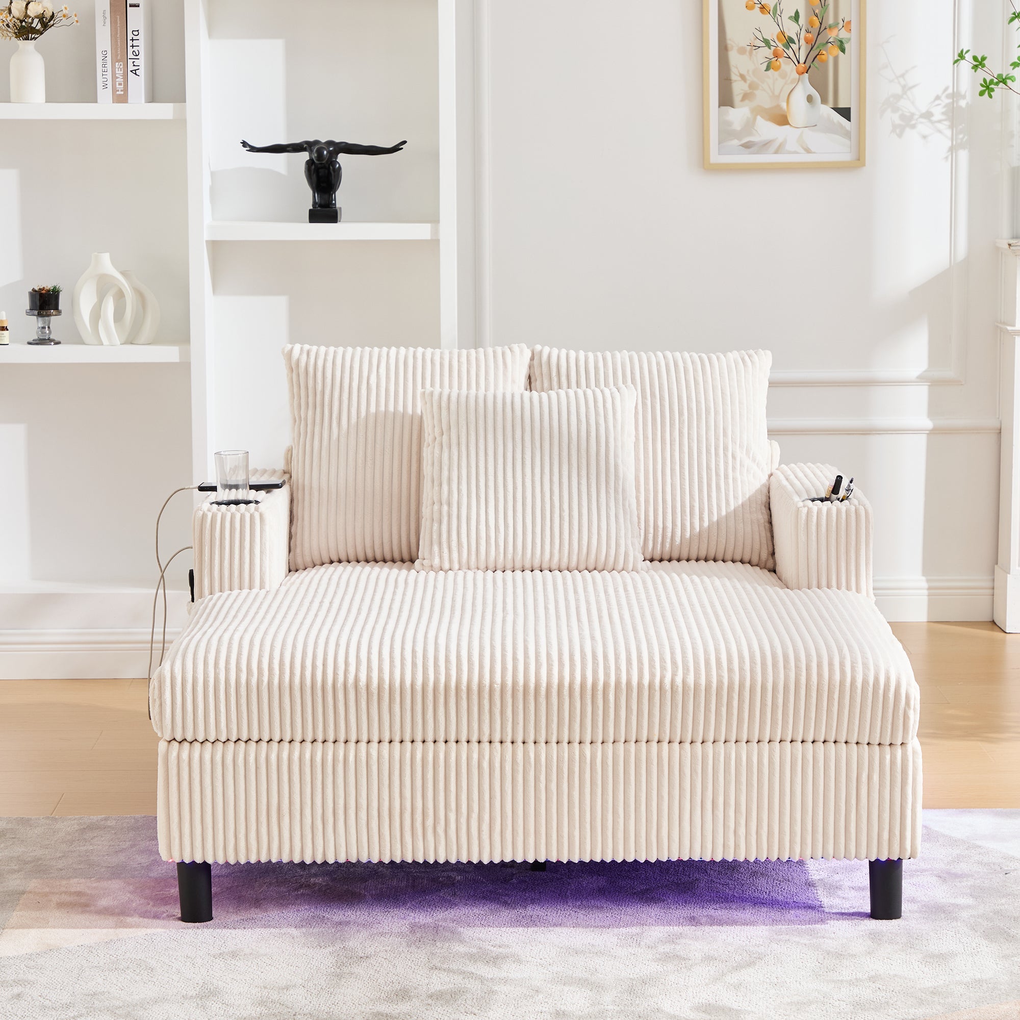 Logidon Chaise Longue Ligstoel Beige Fluweel Met USB LED-verlichting