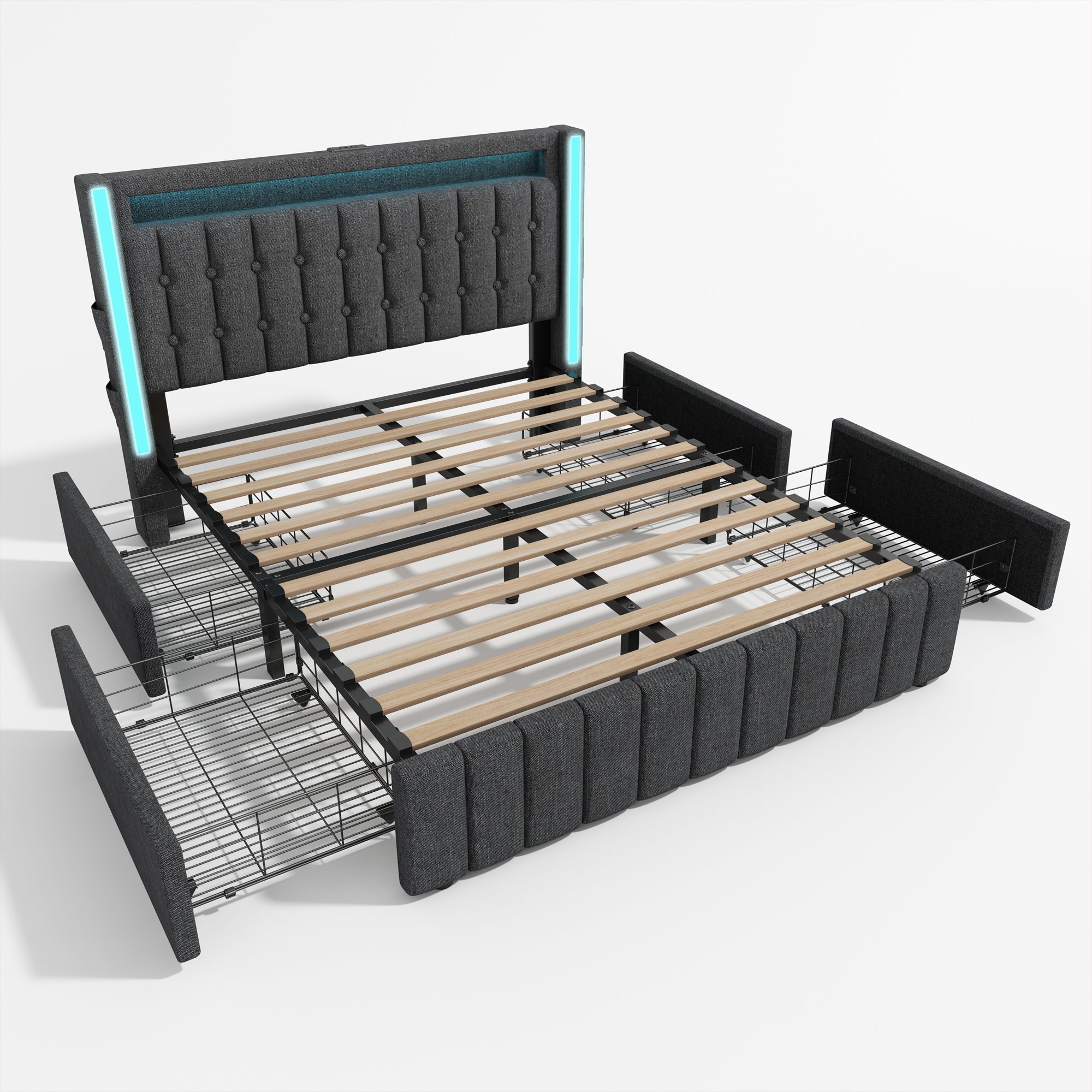 Logidon upholstered bed 160x200 USB C charging function LED lighting 4 drawers gray
