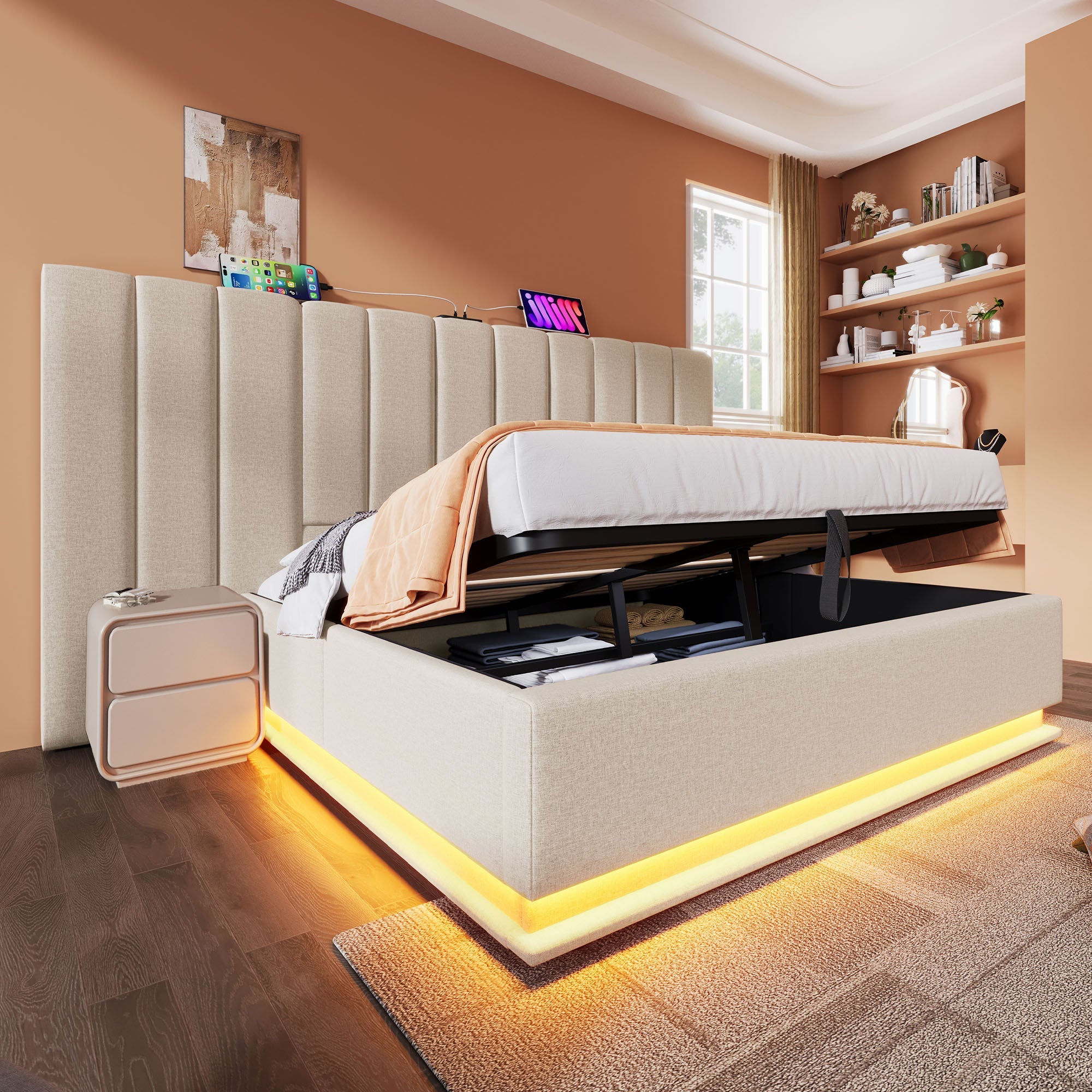 Logidon gestoffeerd bed 180x200 opbergruimte met LED USB oplaadfunctie beige