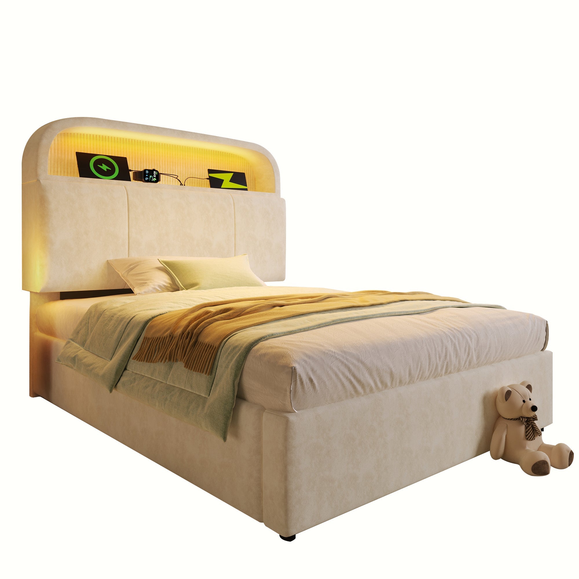 Logidon gestoffeerd bed 90x200 cm beige fluweel met opbergruimte hoofdbord, LED