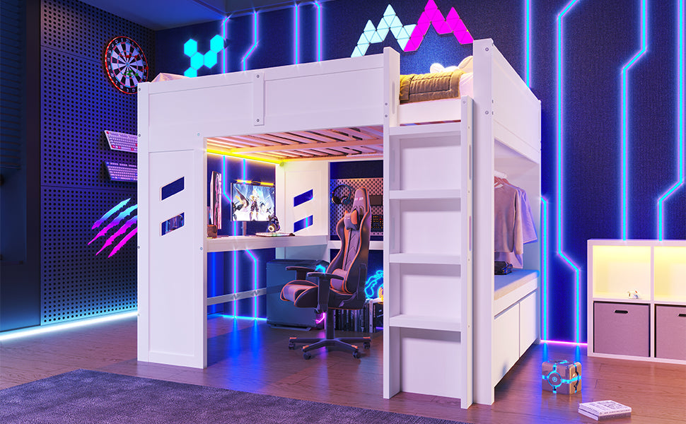 Logidon hoogslaper 140x200 cm wit gamingbed met bureau LED