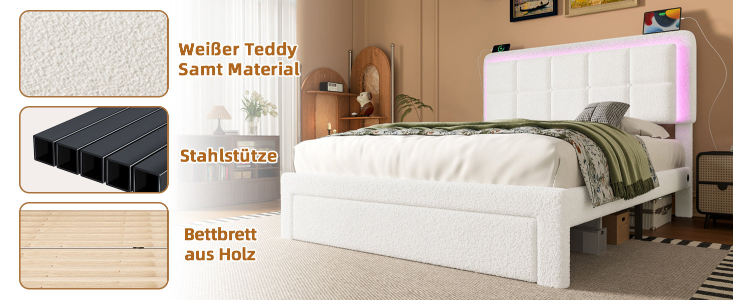 Logidon bedframe wit teddy fluweel 140x200 verstelbaar hoofdeinde