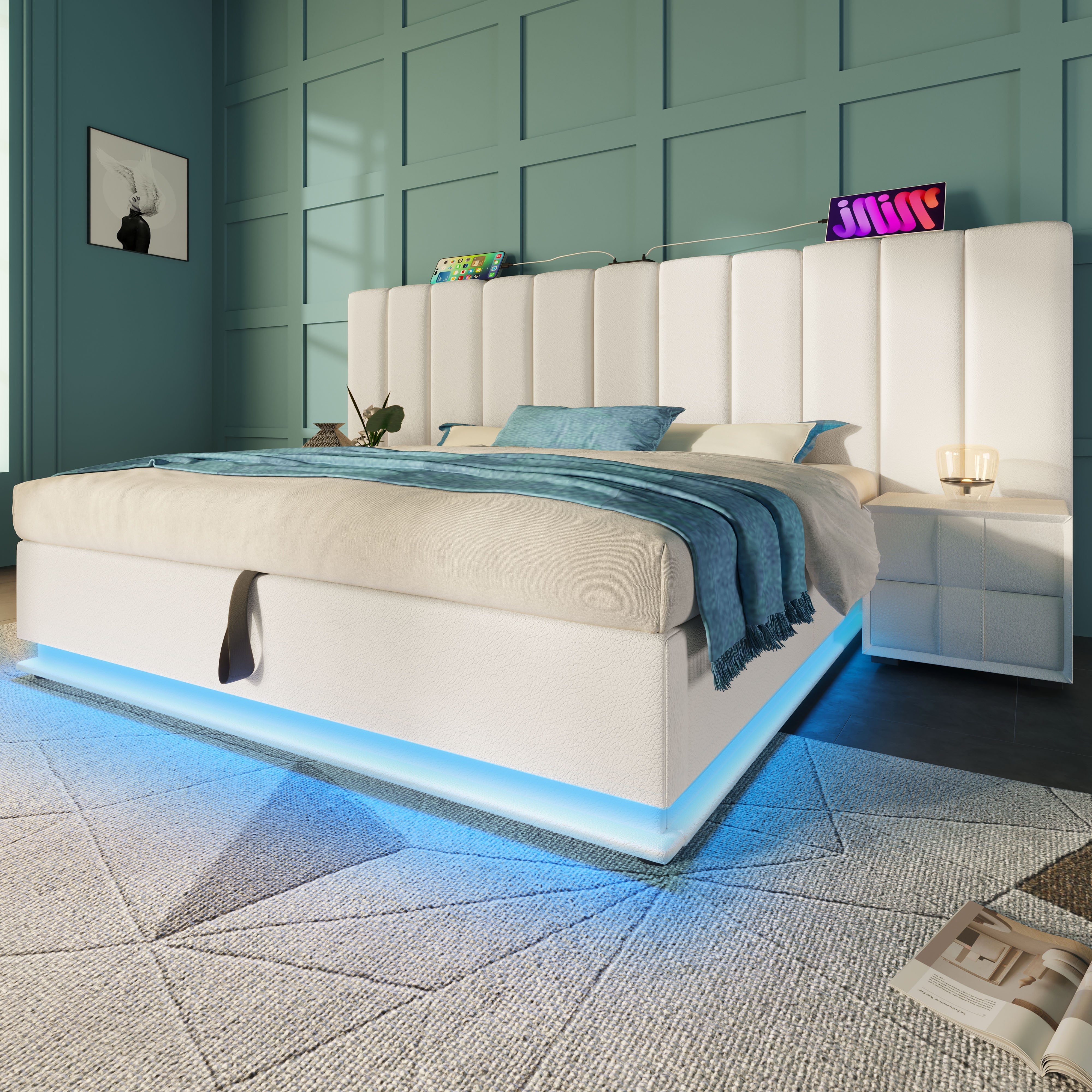 Logidon gestoffeerd bed 160x200 wit app bediening LED USB oplaadfunctie