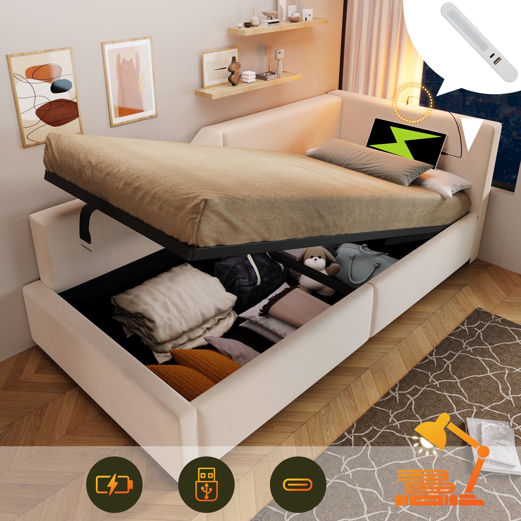 Logidon fluwelen dagbed 90x190 beige met opbergruimte, USB-C, leeslampje
