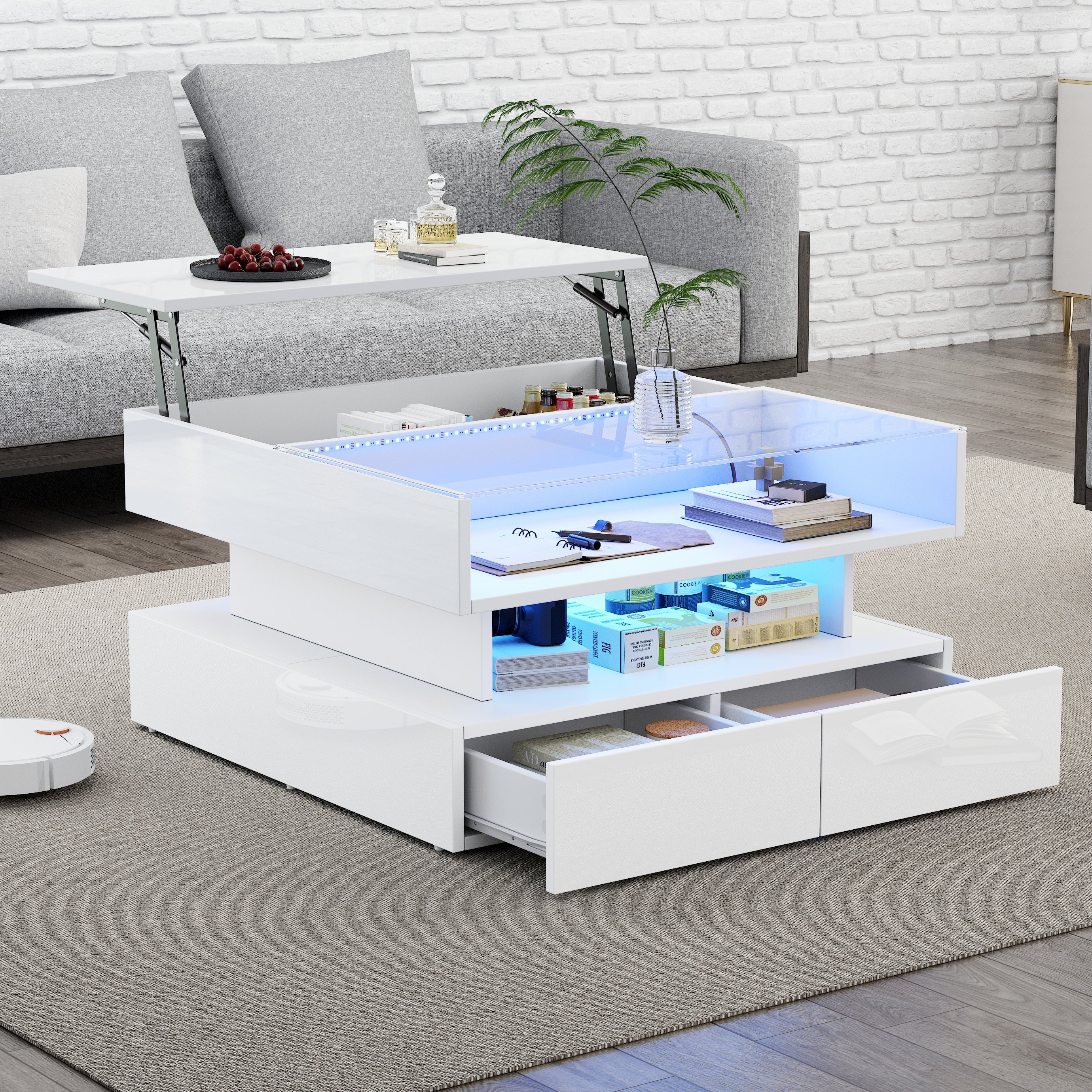 Logidon In hoogte verstelbare salontafel 80x80 cm witte LED opbergruimte