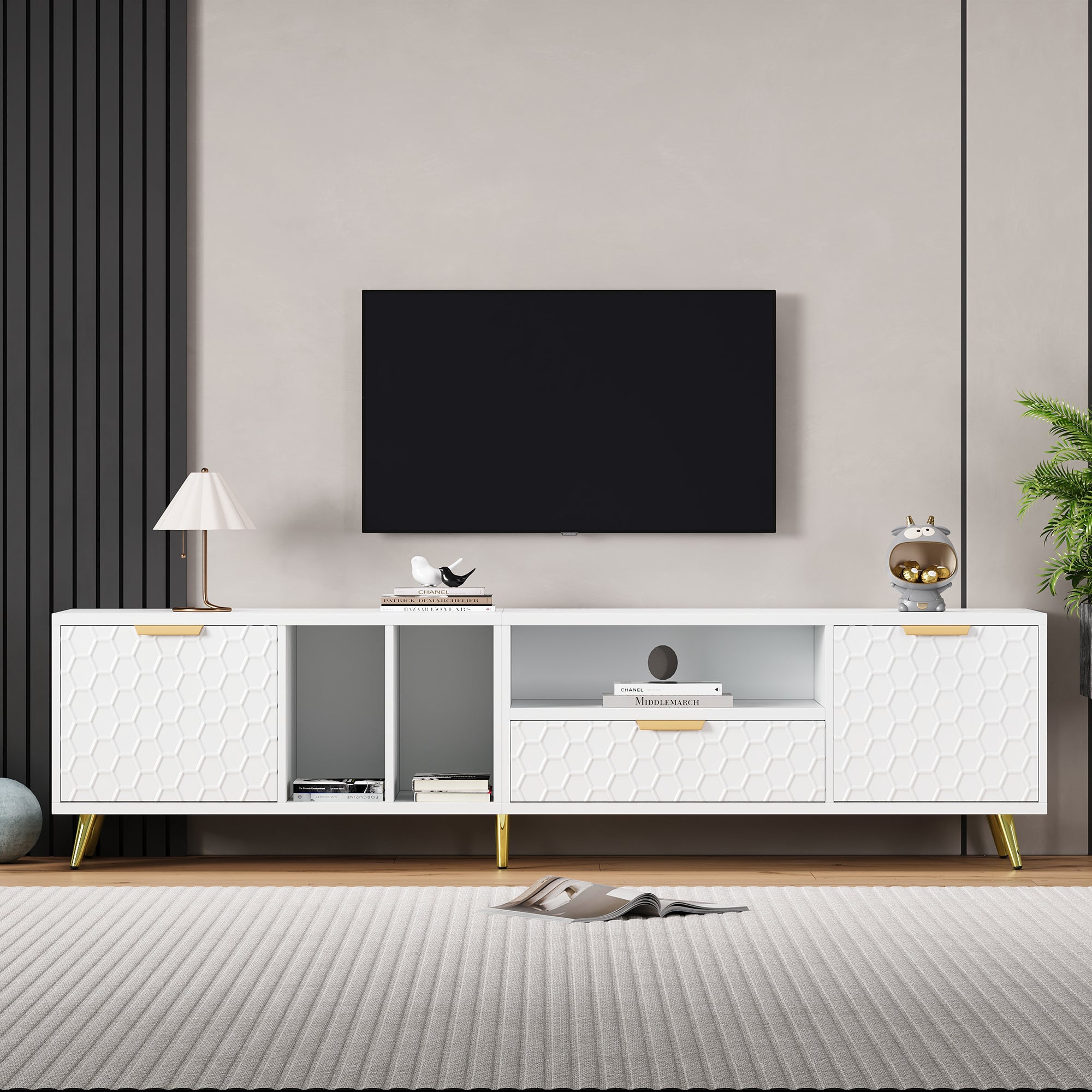 Logidon White TV Stand with Honeycomb Pattern and Storage Space for up to 80 Inches
