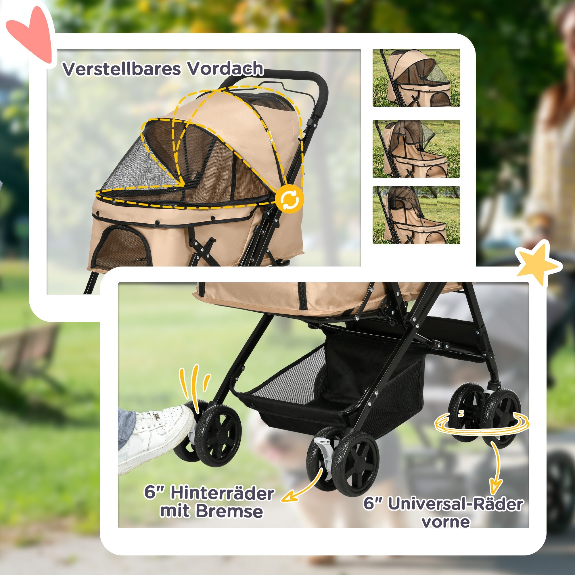 Logidon hondenbuggy lichtbruin 76,5 cm x 52 cm x 95 cm voor kleine honden