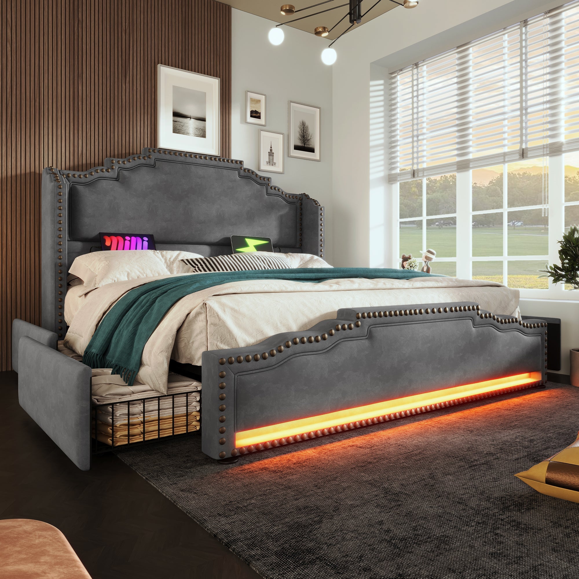 Logidon gestoffeerd bed 140x200 grijs fluweel met 4 lades en USB C