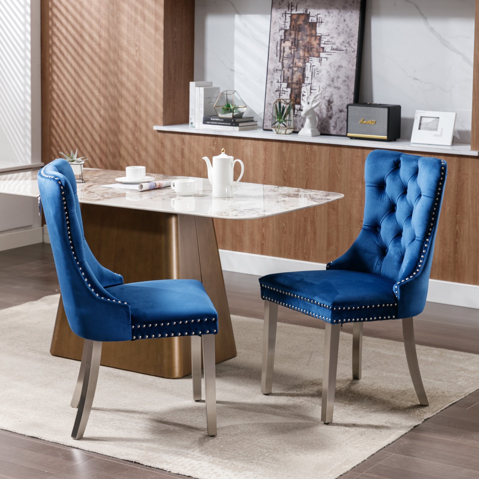 Logidon Nikki Eetstoel Blauw Fluweel Spijkerkop Chroom Voetenset 2
