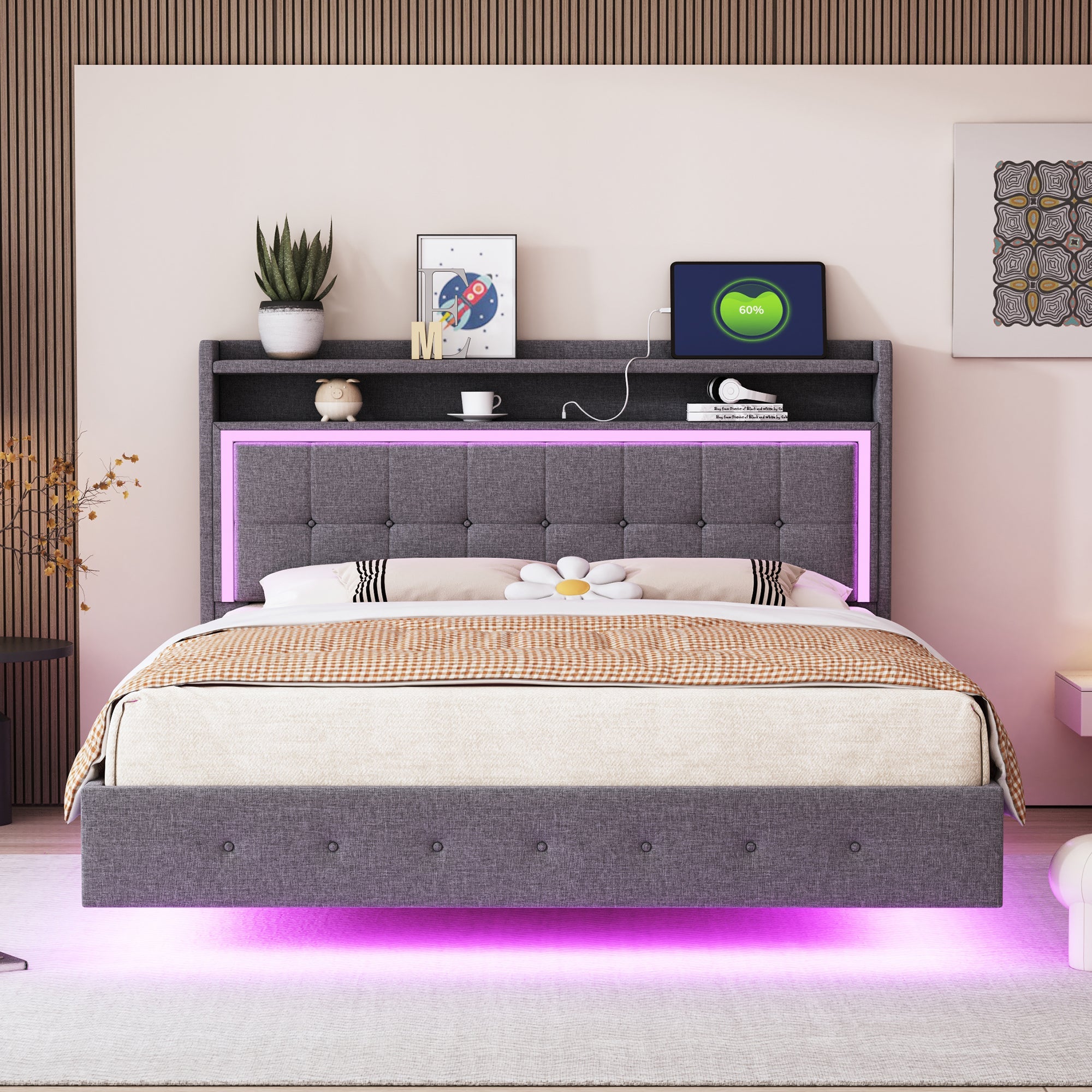 Logidon gestoffeerd bed 140x200 grijs met USB LED verlichting