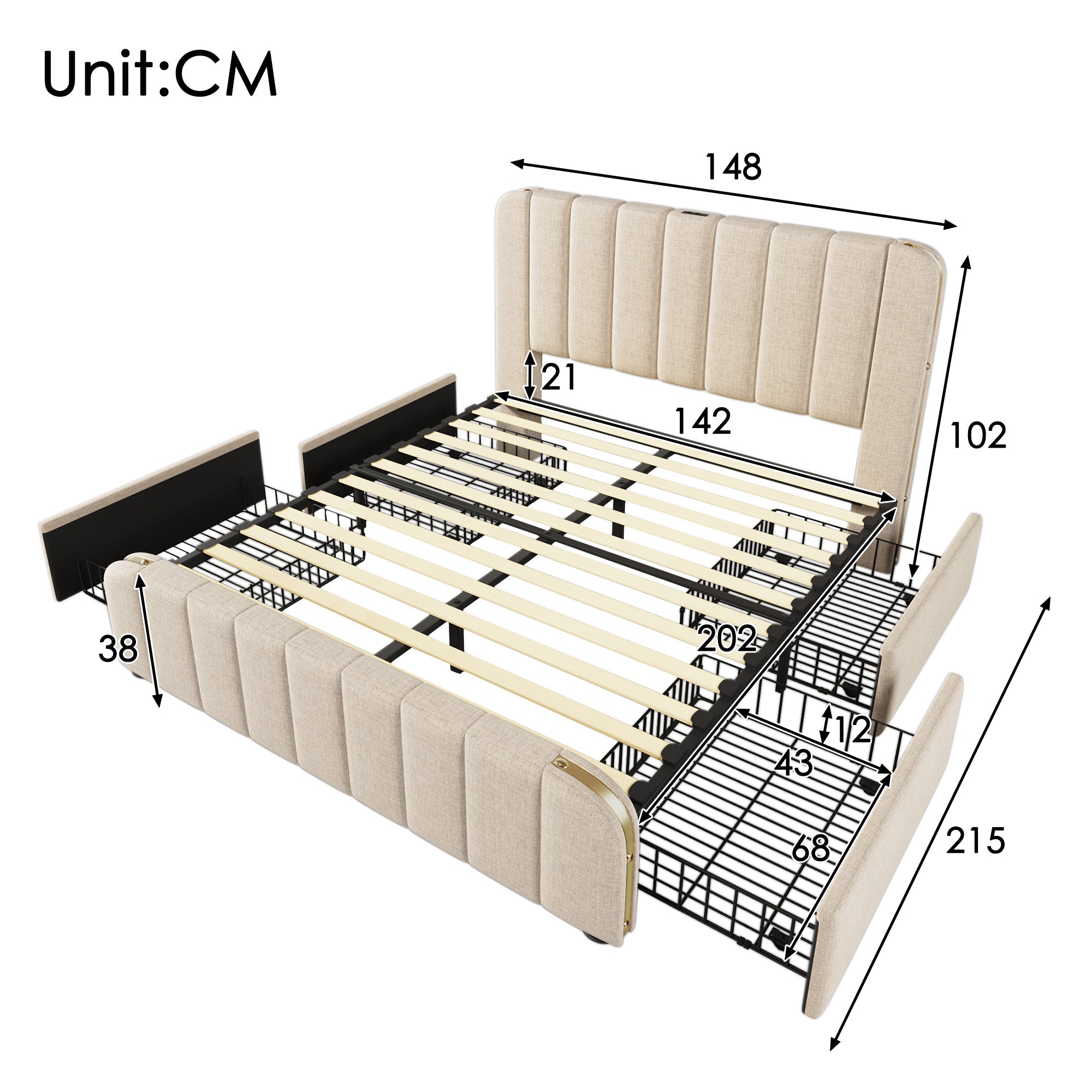 Logidon gestoffeerd bedhoofdeinde USB C oplaadfunctie 140x200 beige linnen