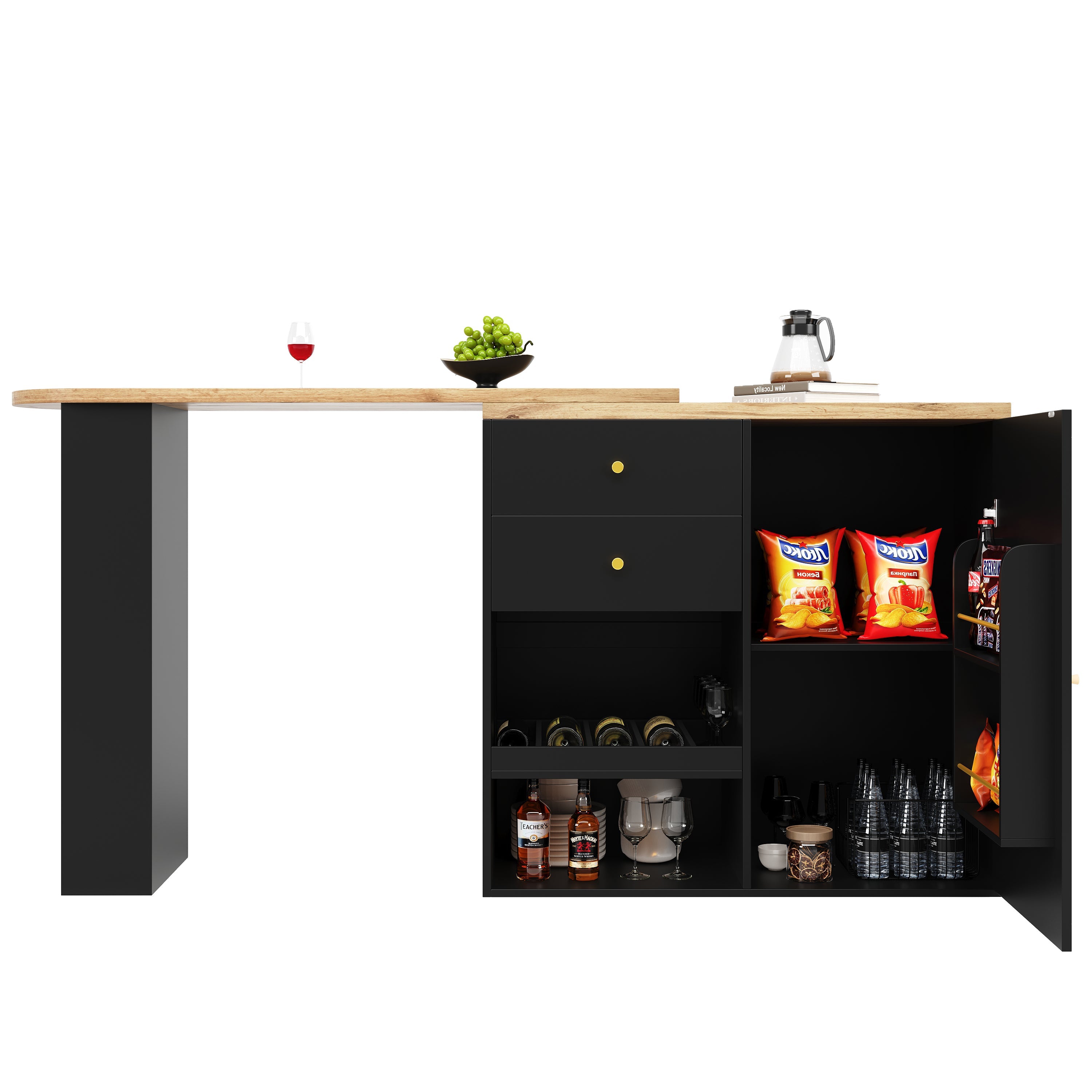 Logidon 360° draaibare bartafel 138 cm zwart met 2 lades