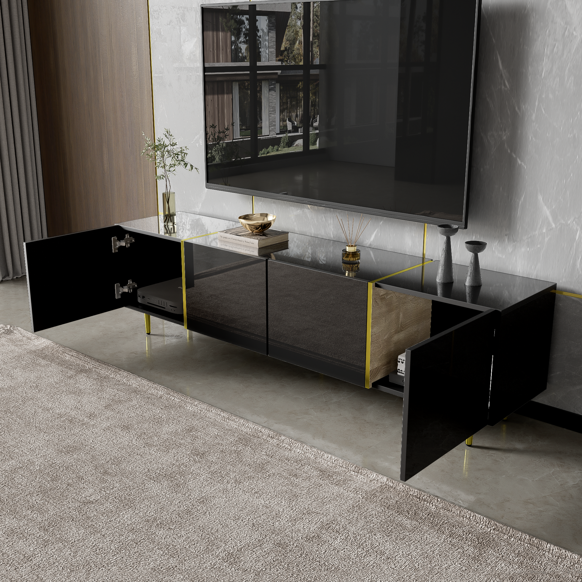 Logidon high-gloss TV cabinet 170 cm black-gold, 4 doors, modern