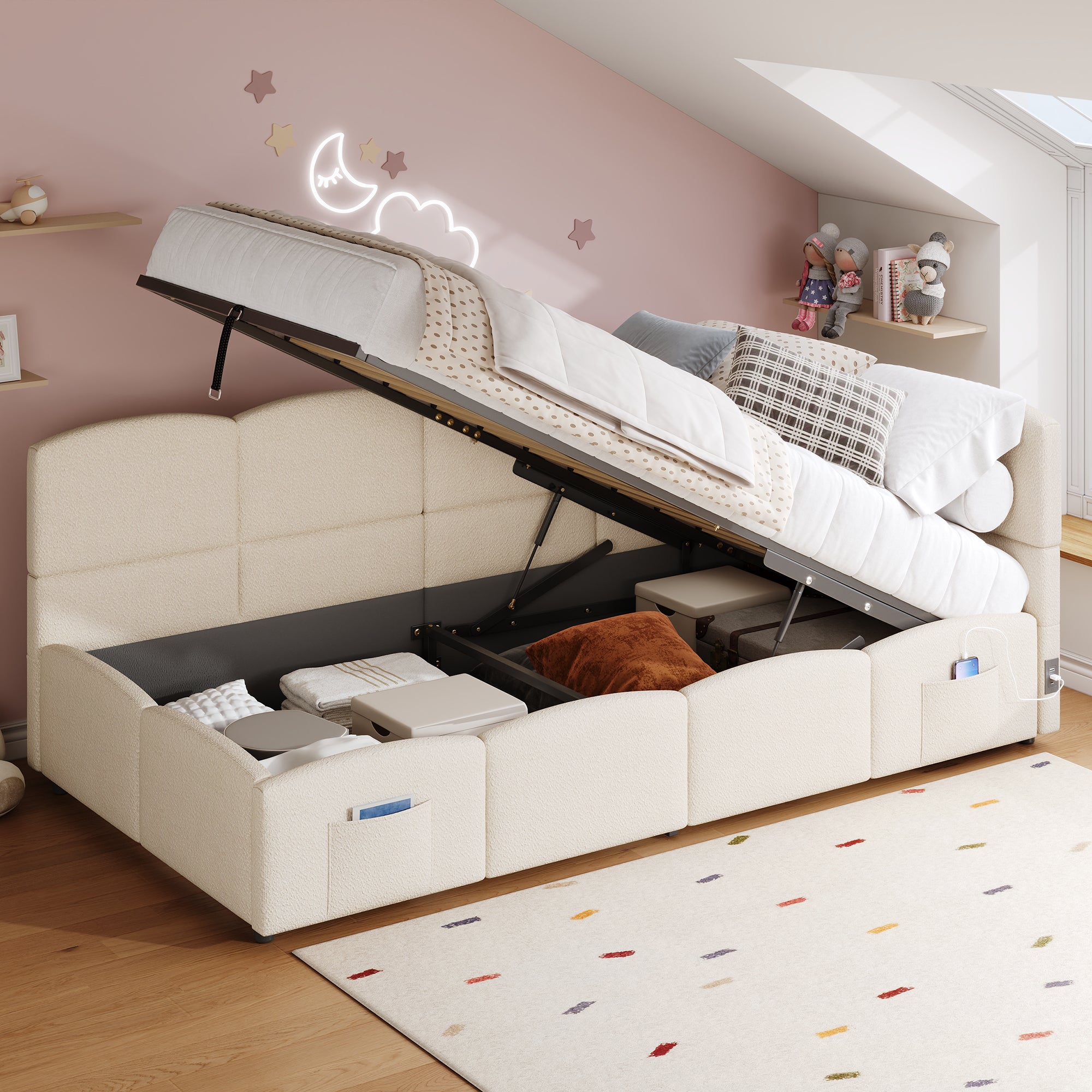 Logidon gestoffeerd bed 90x200 opbergbed slaapbank beige bouclé USB