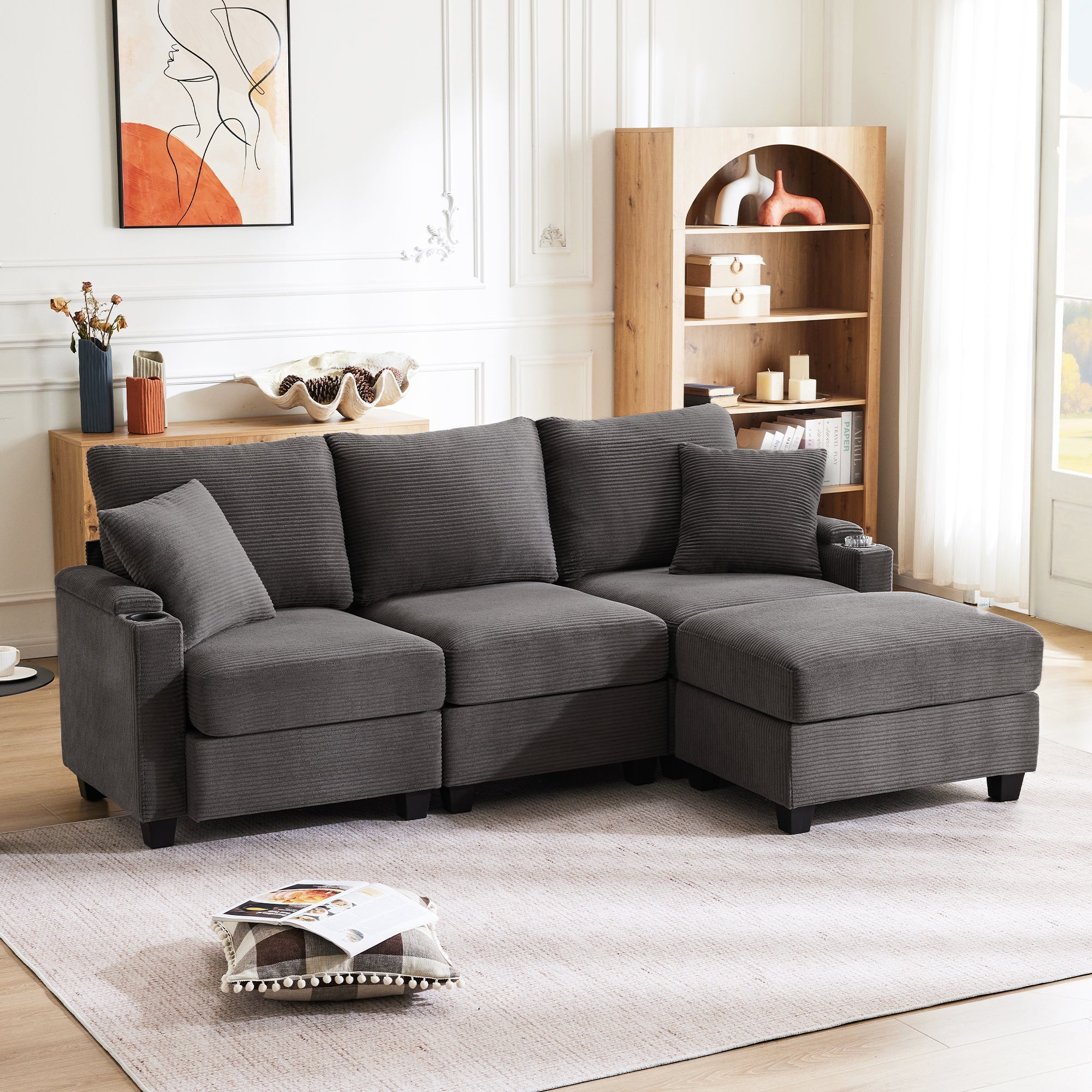 Logidon L-vorm Hoekbank Donkergrijs Corduroy Met USB-oplader