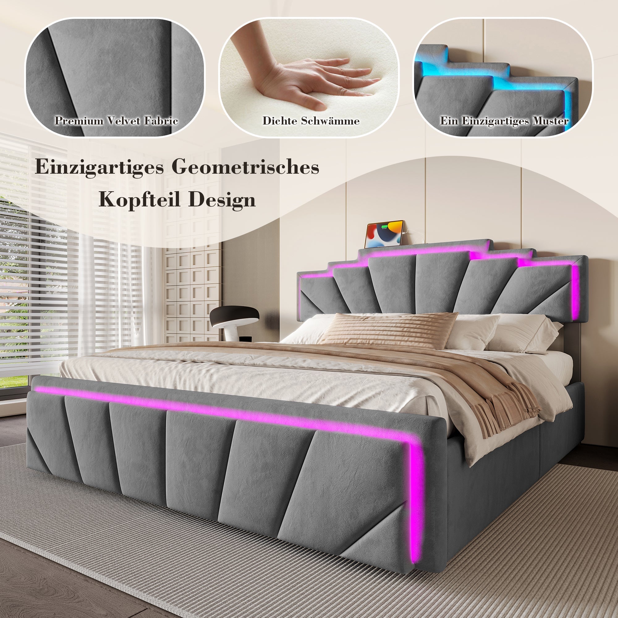 Logidon gestoffeerd bed 160x200 cm donkergrijs fluweel LED-hoofdbord