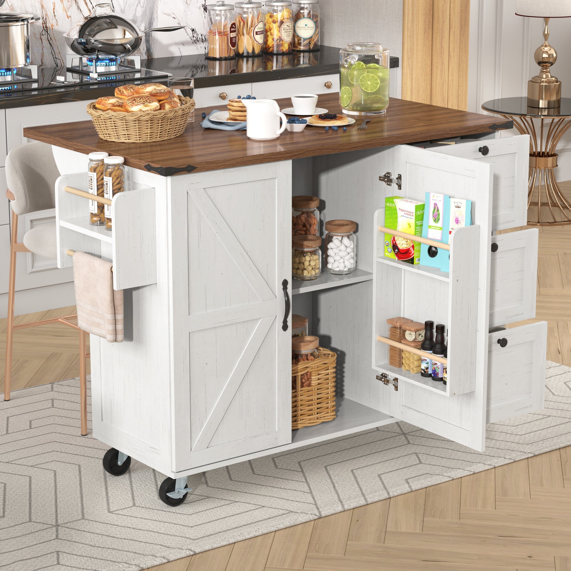 Logidon kitchen island with extendable worktop beige MDF 140 x 45 cm