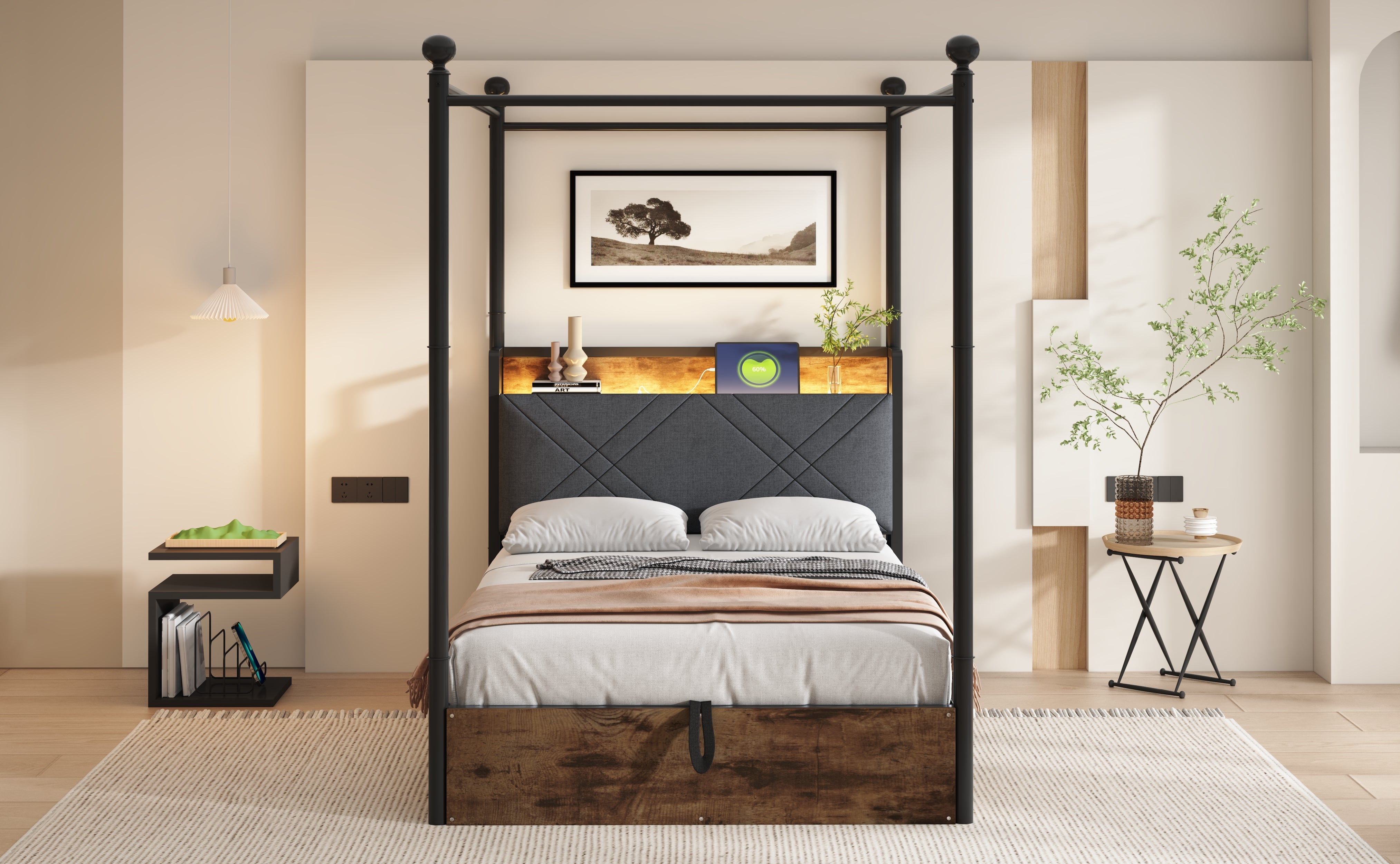 Logidon hemelbed 90x190 zwart met opbergruimte hydraulisch LED USB-C