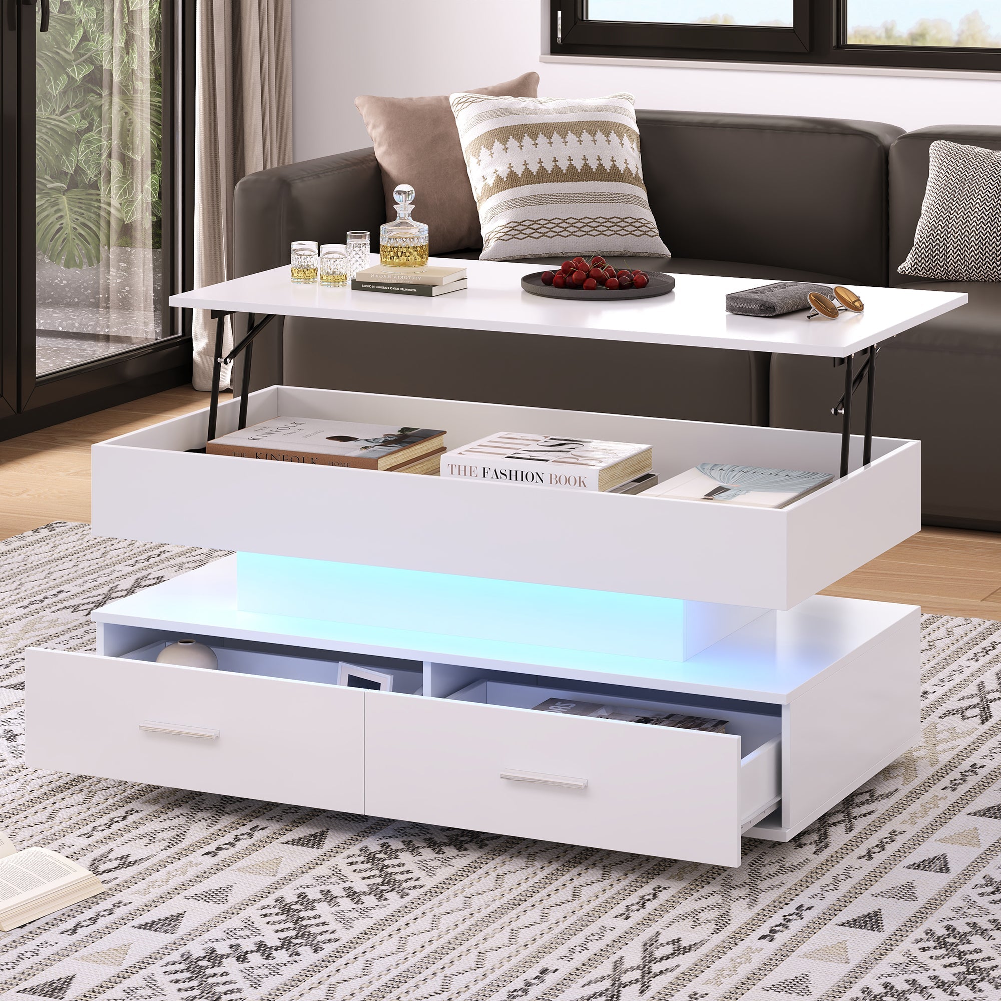 Logidon Hydraulisch in hoogte verstelbare salontafel 100x50x44 cm Wit LED