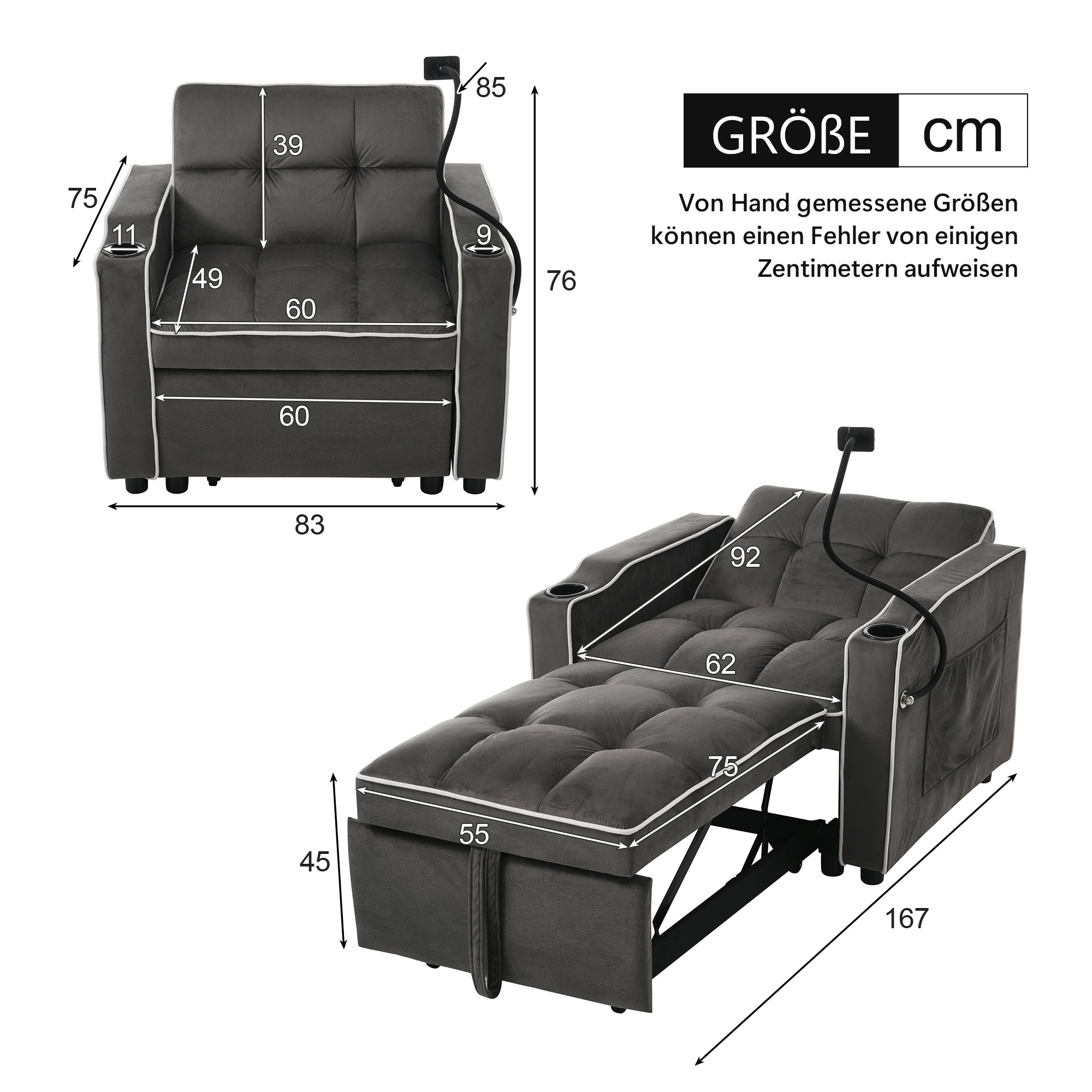 Logidon 3-in-1 slaapbank uitschuifbare bekerhouder Antiek Donkergrijs