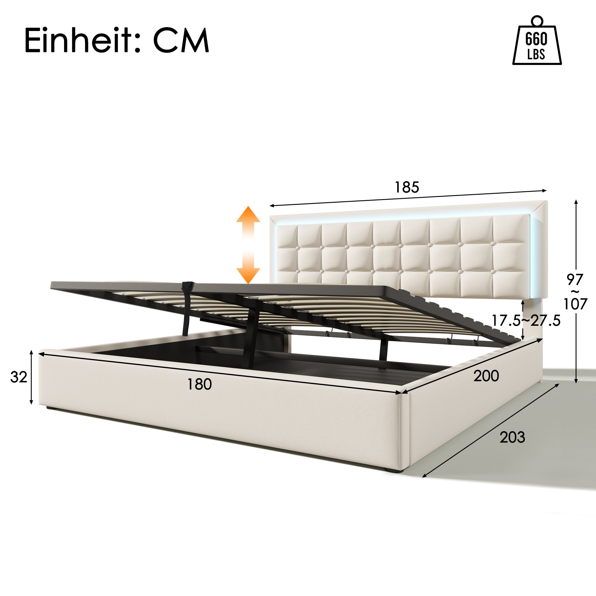 Logidon gestoffeerd bed met lattenbodem en opbergruimte wit 180x200 kunstleer