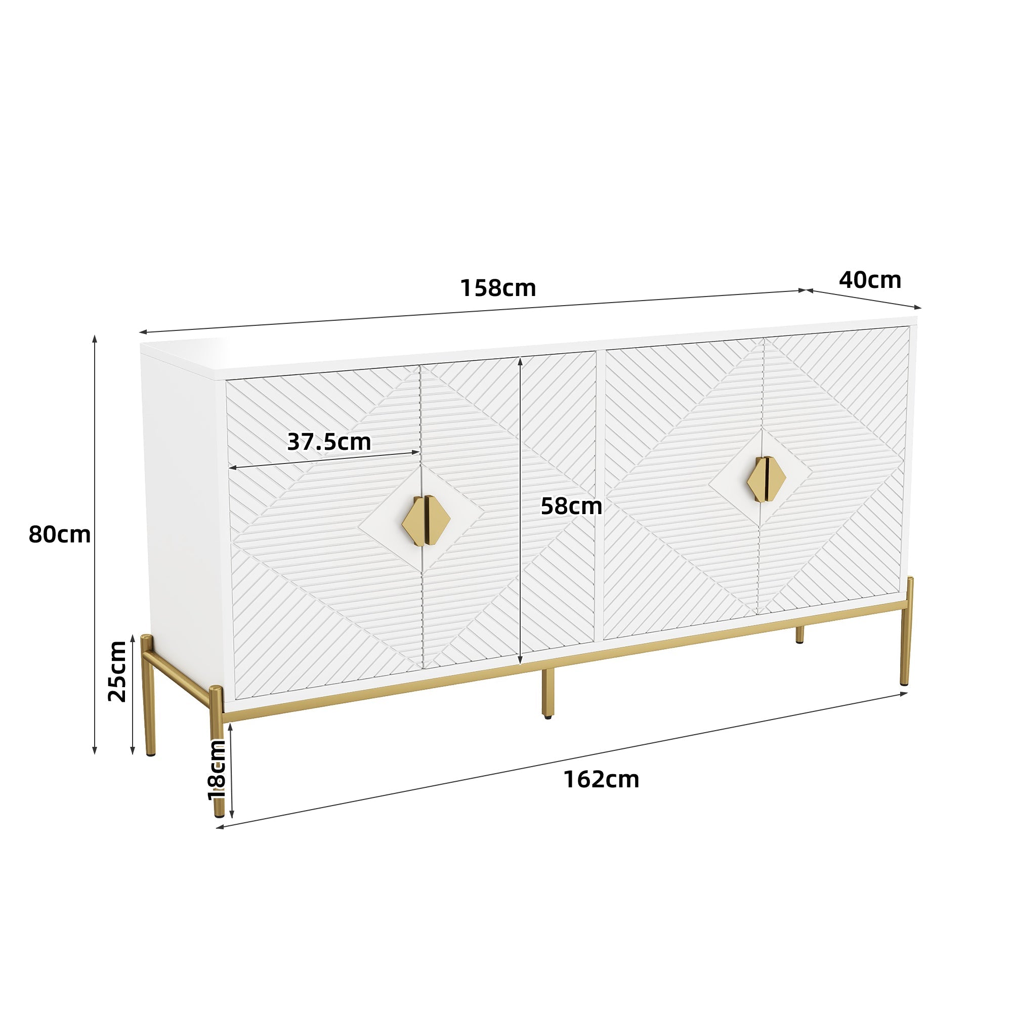 Logidon Modern dressoir wit met gouden details, 4 deuren, 162x40x80