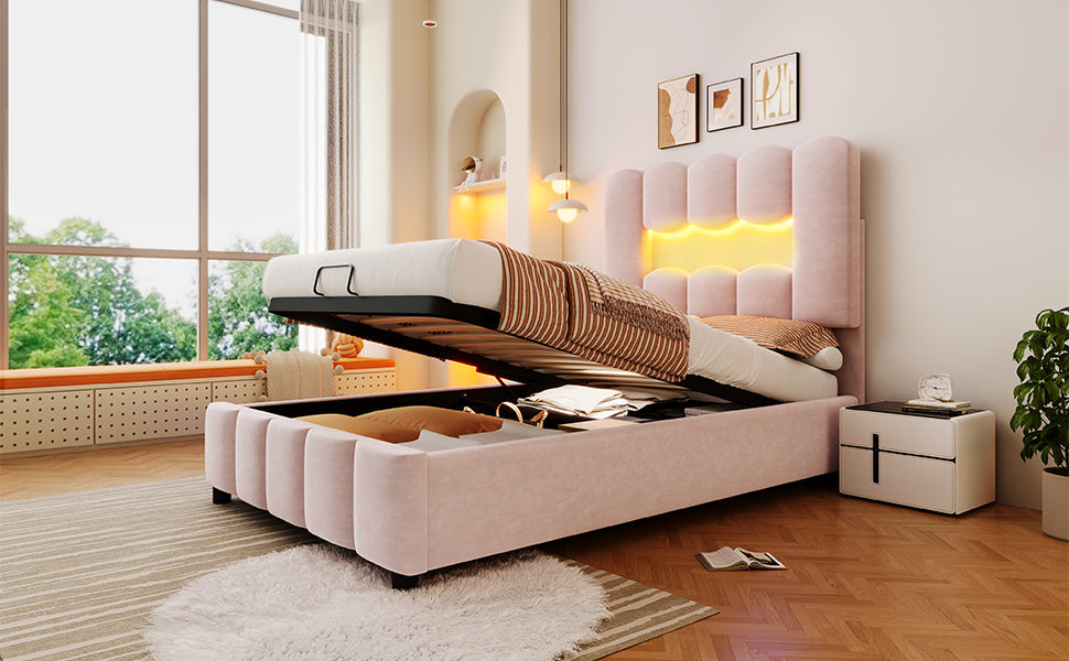Logidon upholstered bed 90x200 pink velvet LED lighting hydraulic