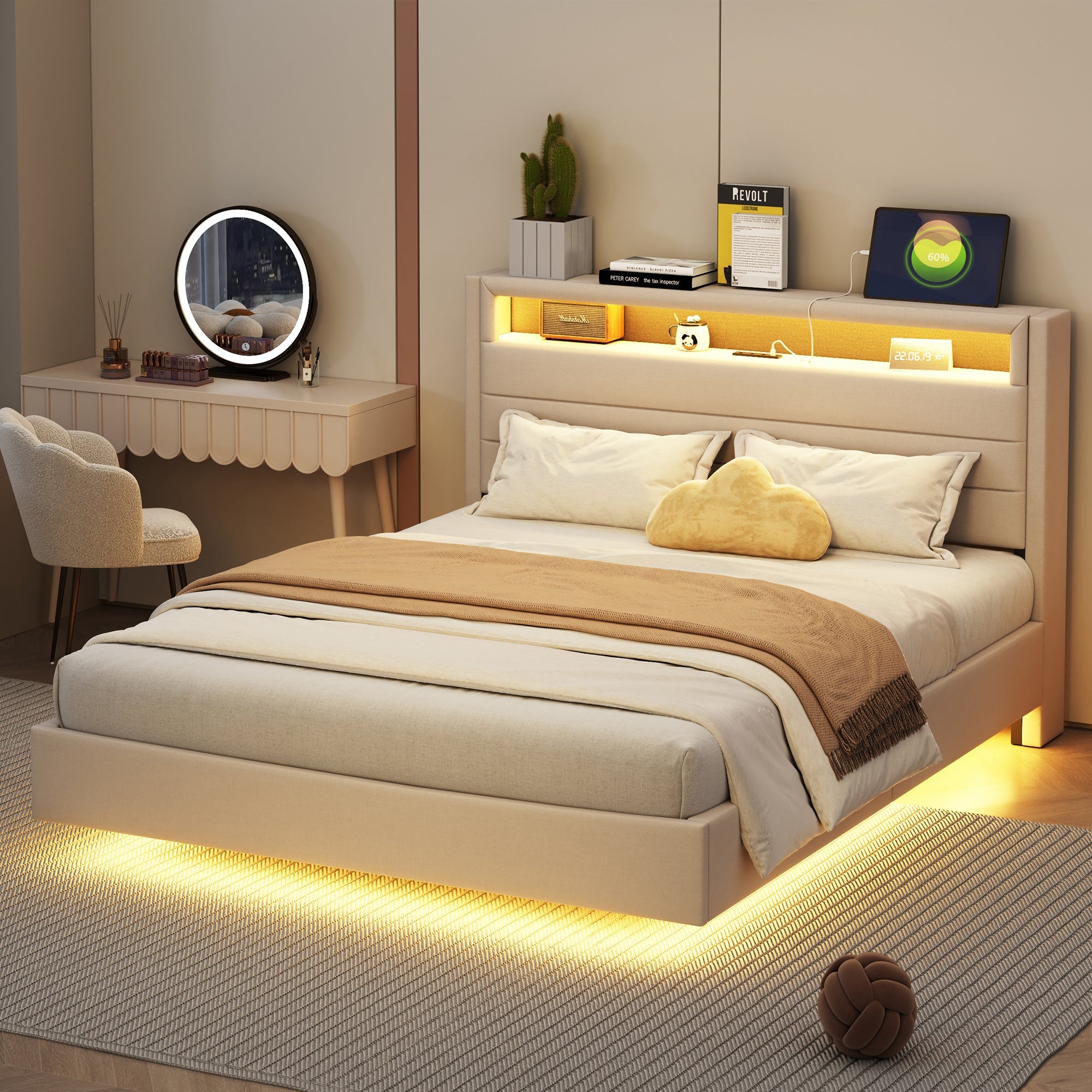 Logidon gestoffeerd bed 140x200 cm met USB oplaadpunt en LED lichtbeige