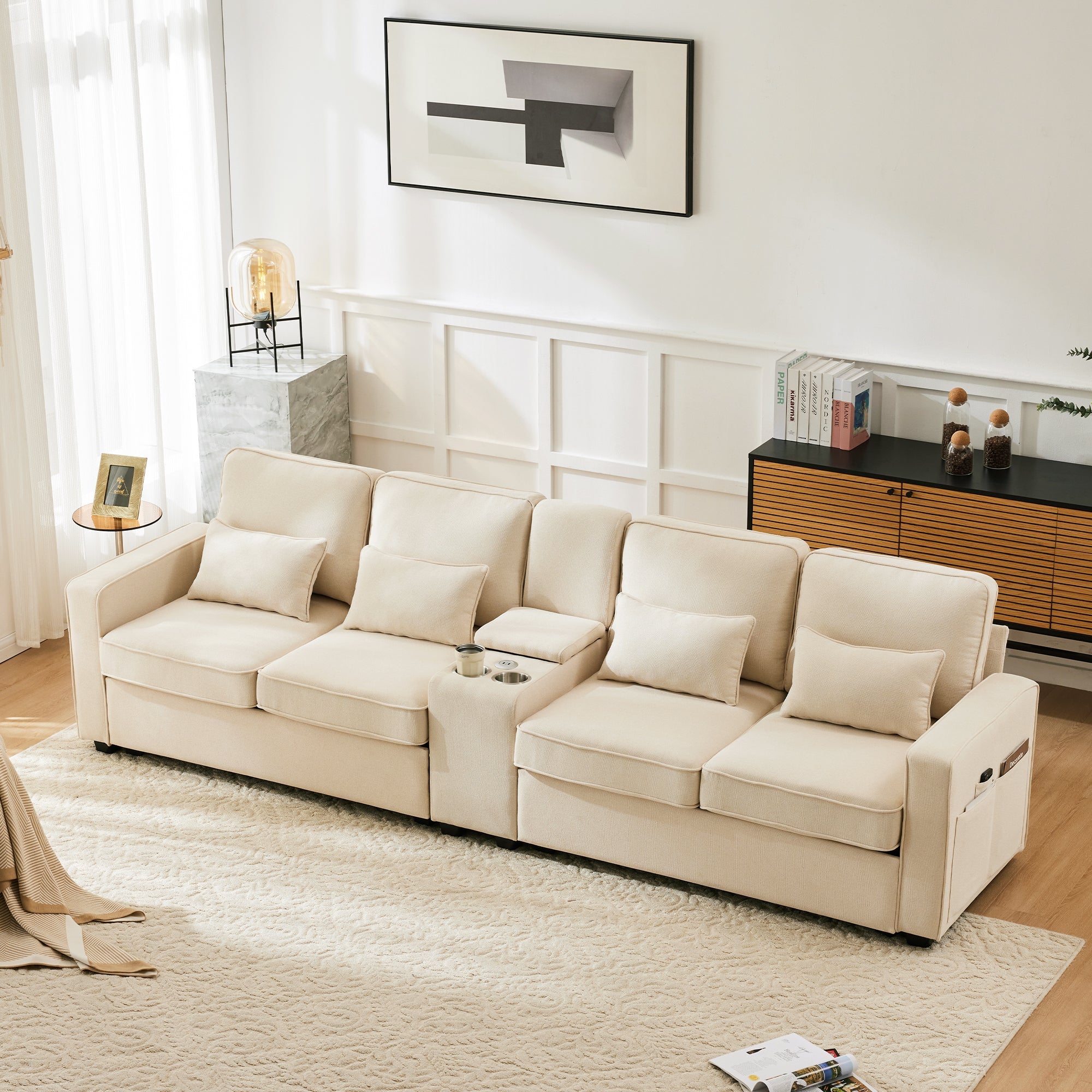Logidon Modern 4 Seater Sofa Made of Beige Linen Fabric with Console