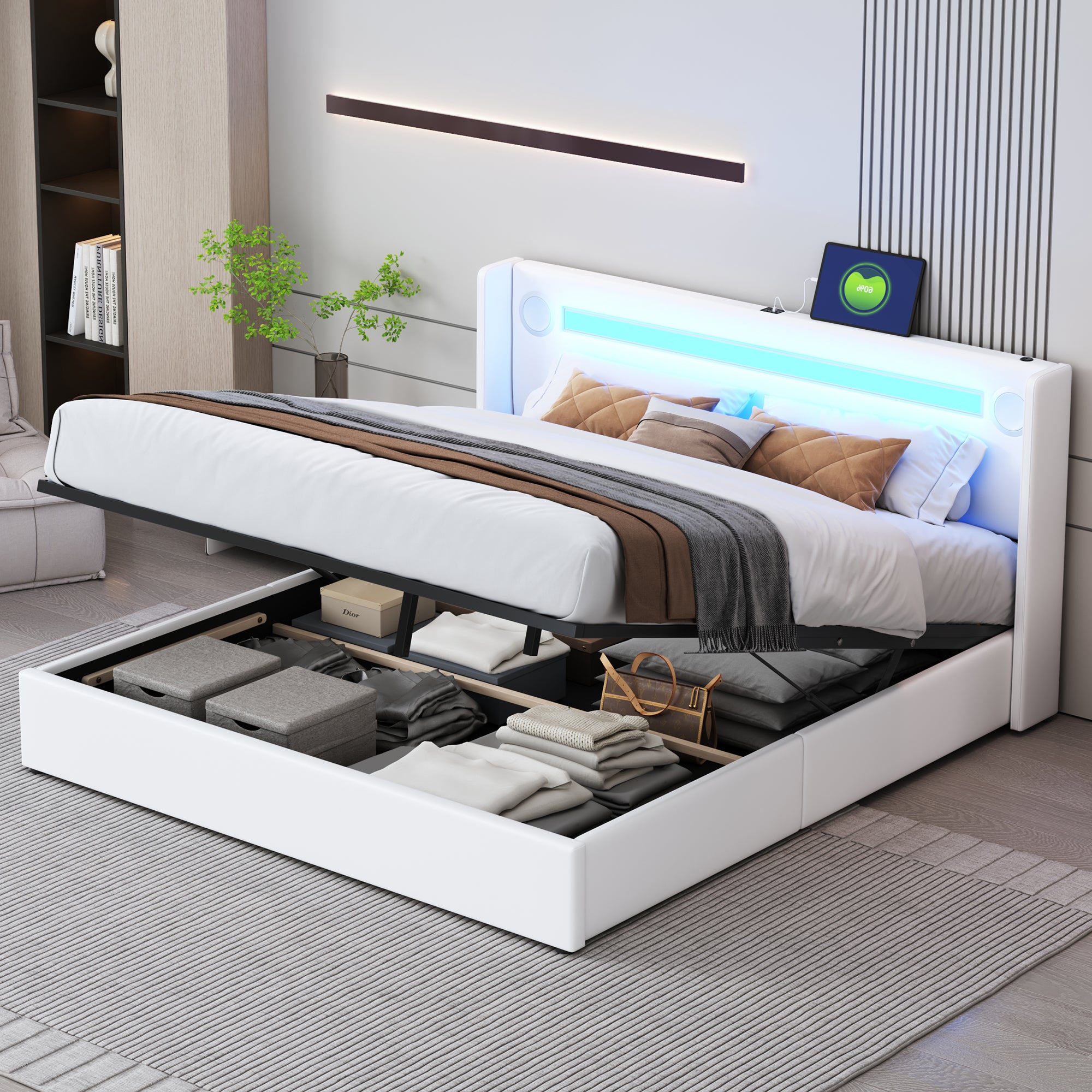 Logidon gestoffeerd bed 160x200 wit met LED lichtstrip Bluetooth USB