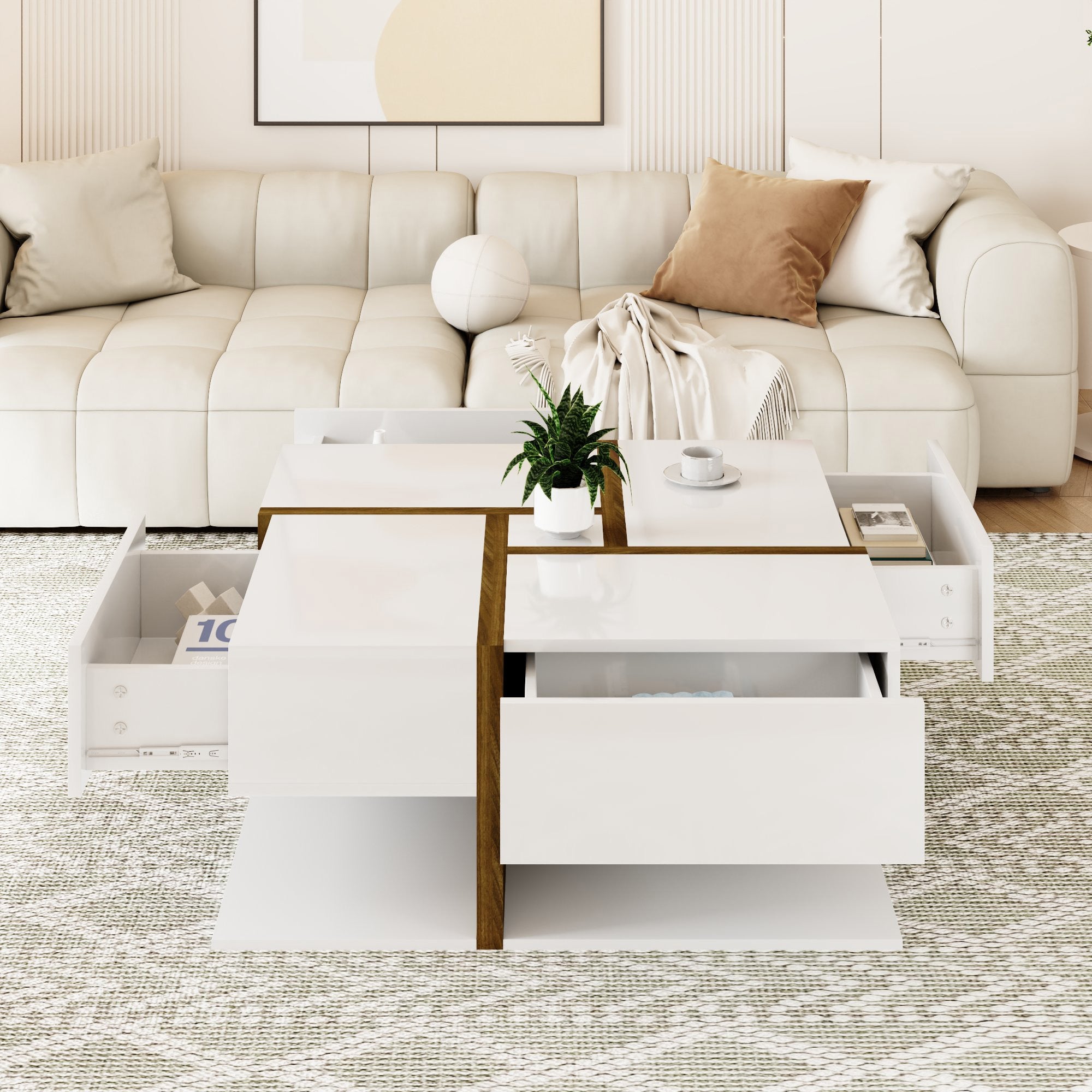 Logidon hoogglans salontafel wit met vier lades 78x78 cm