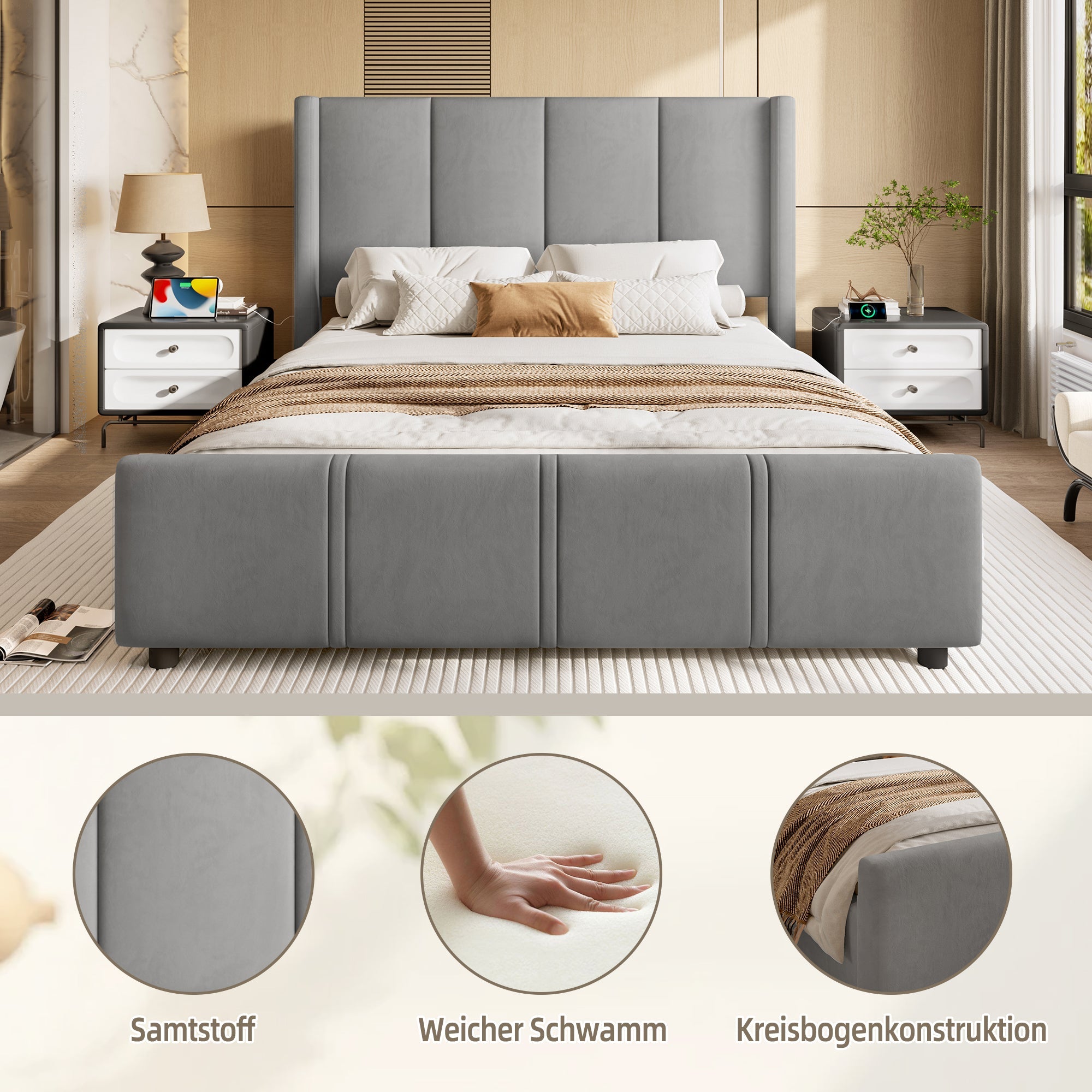 Logidon gestoffeerd bedframe 140x200 cm grijs met USB aansluiting