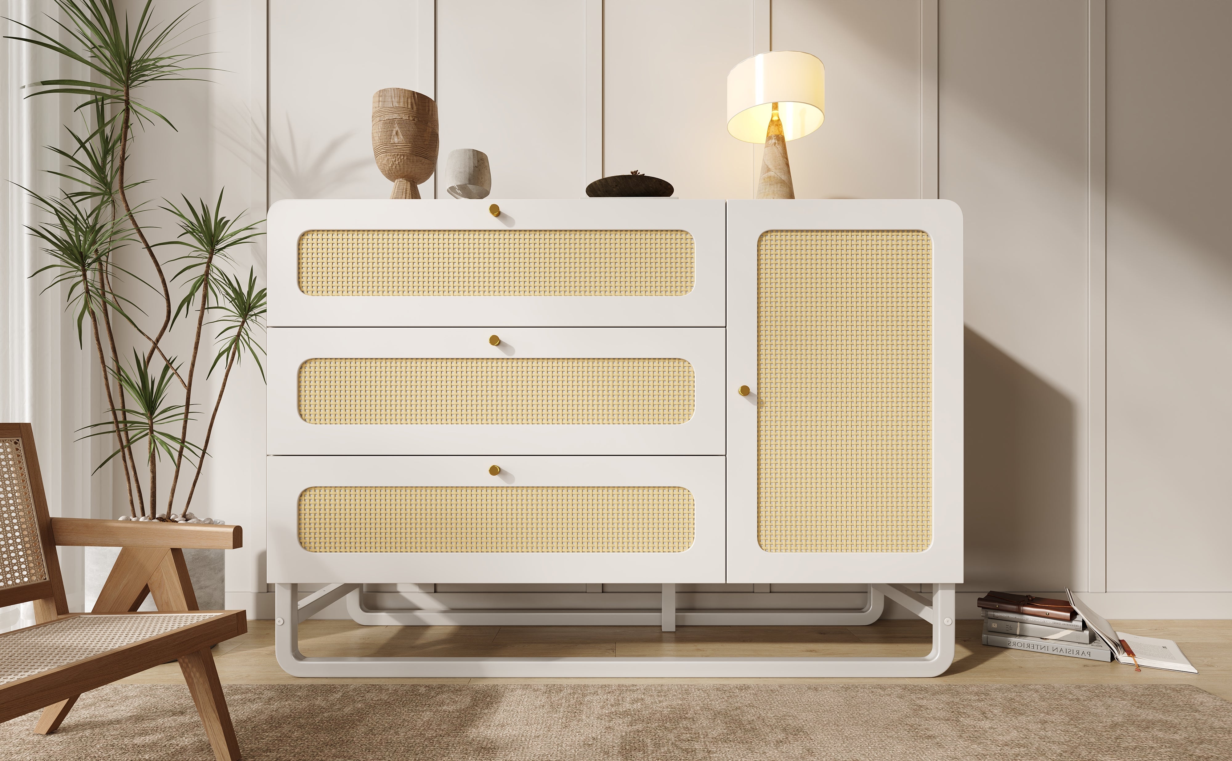 Logidon ladekast met rotan en gouden handgrepen wit 3 lades 1 deur